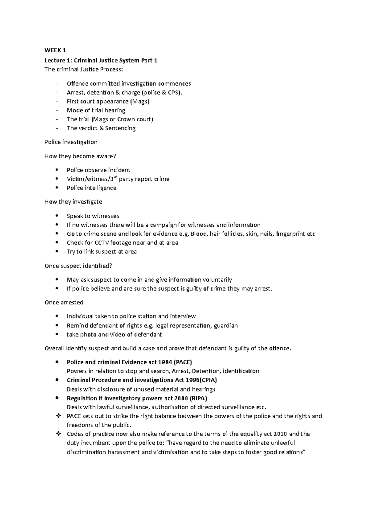 Lecture Notes Criminal - WEEK 1 Lecture 1: Criminal Justice System Part ...