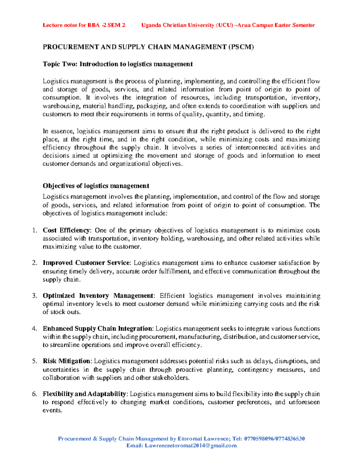 Topic two introduction to Logistics mgt - Procurement & Supply Chain ...