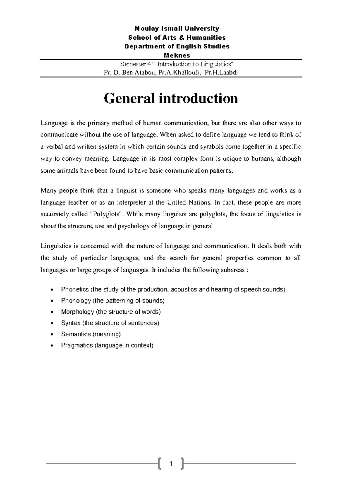 Features of Human Language - Moulay Ismail University School of Arts ...