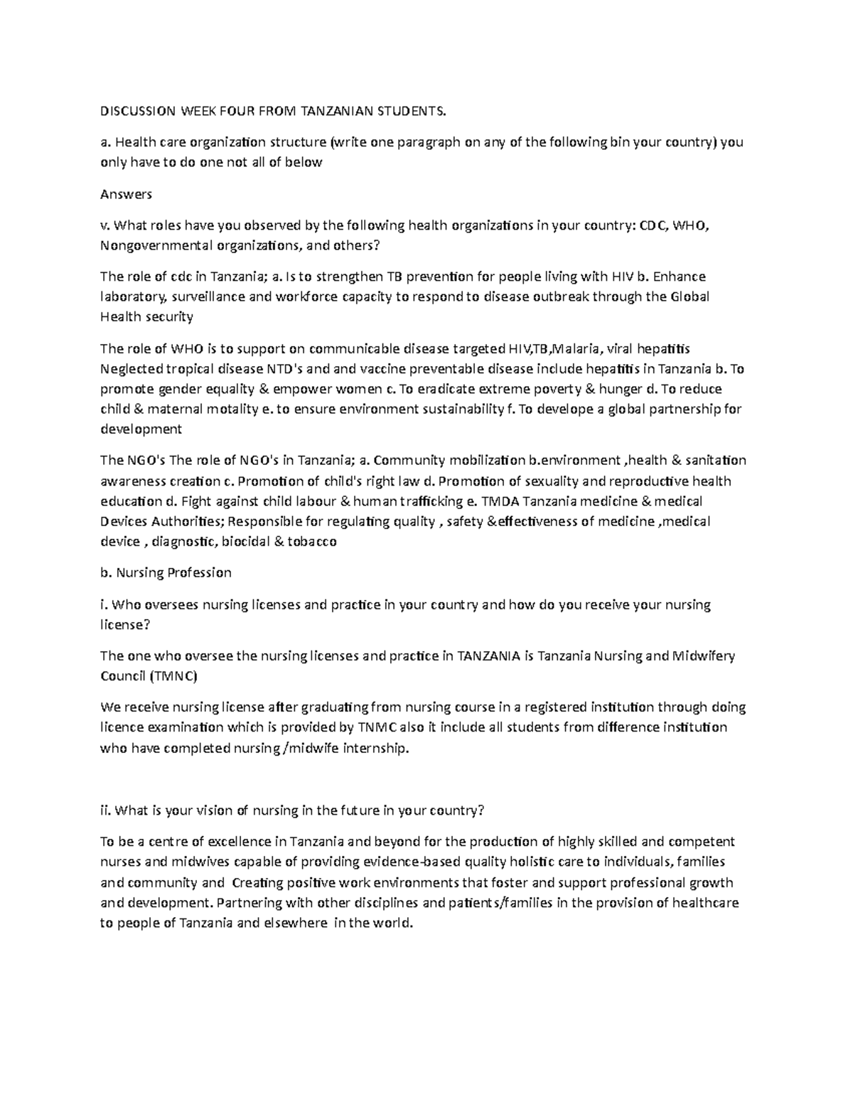 Discussion from Tz DISCUSSION WEEK FOUR FROM TANZANIAN STUDENTS. a