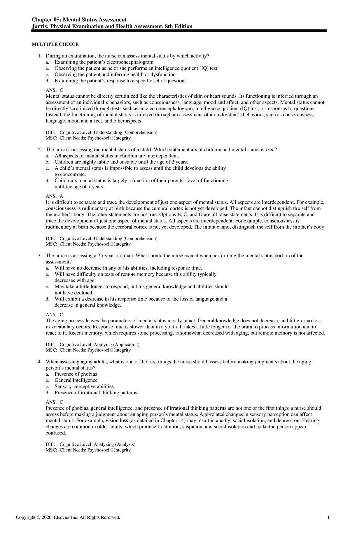 Exam View - Chapter 05 - Chapter 05: Mental Status Assessment Jarvis ...