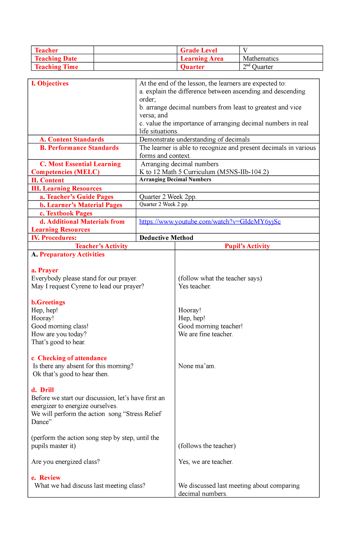 MATH Lp 102 - Mathematics Lesson Plan For Grade 5 - Teacher Grade Level ...