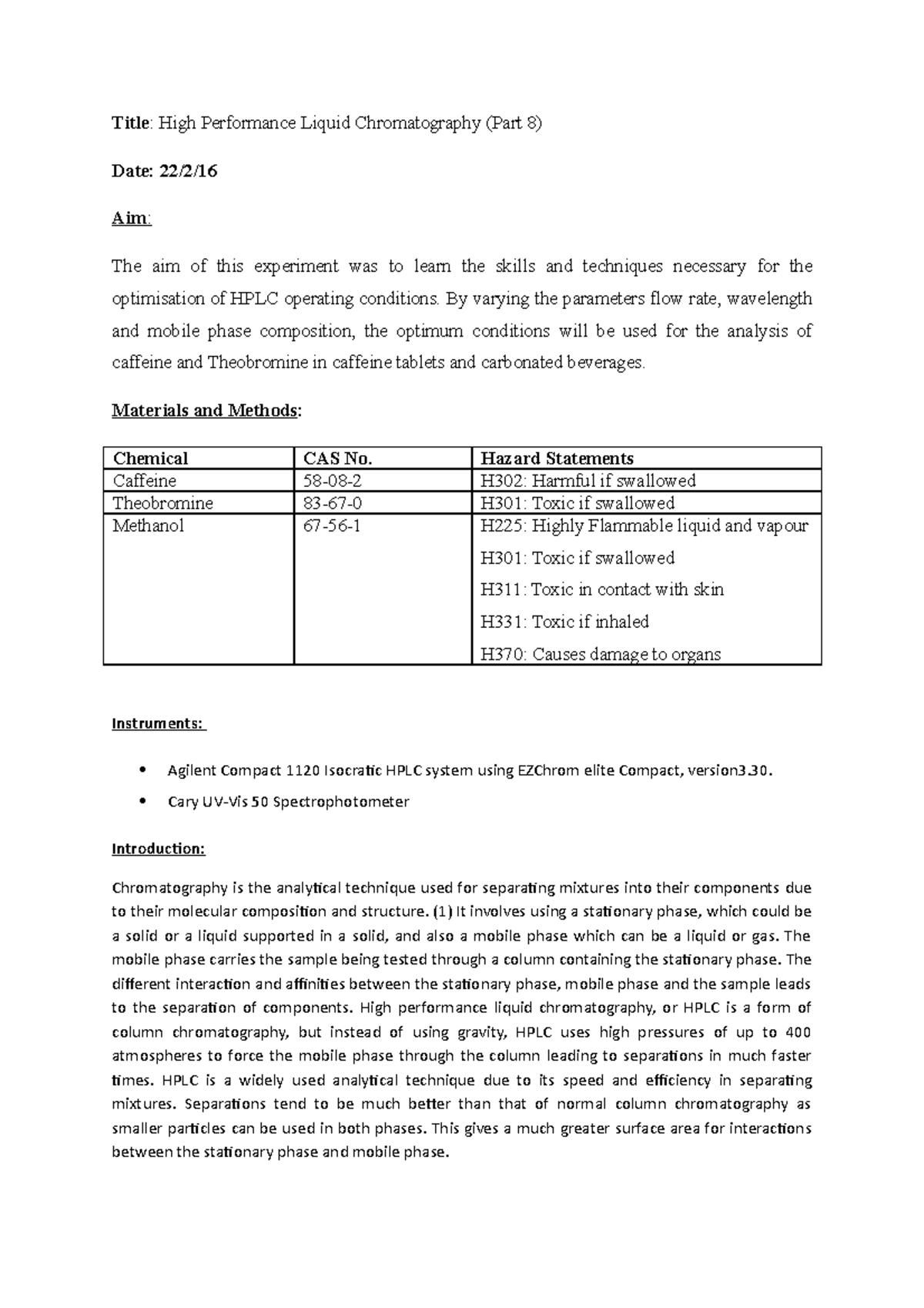 HPLC Determination of Caffeine, Lab report Title High Performance