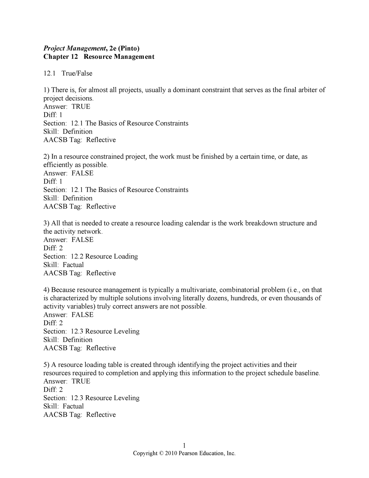 CH 12 TB - Test Bank - 1 Project Management, 2e (Pinto) Chapter 12 ...