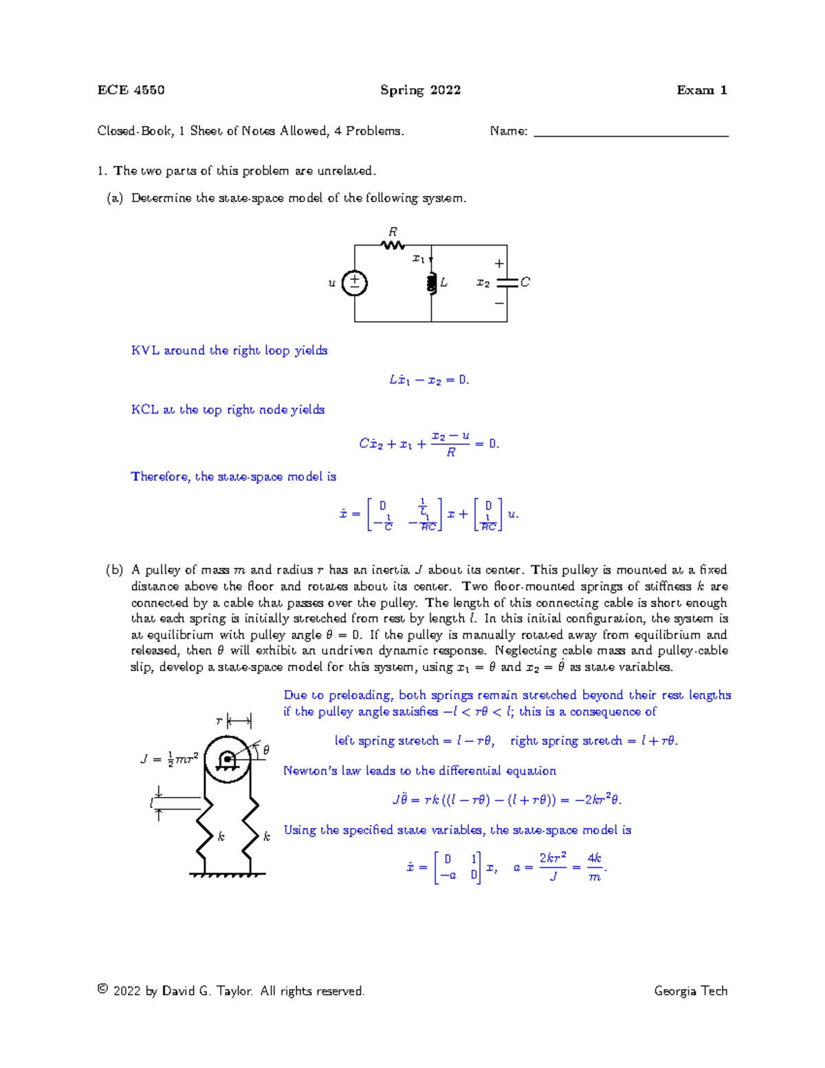 Exam1 Spring 22 solution - ECE 4550 Spring 2022 Exam 1 Closed-Book, 1 ...