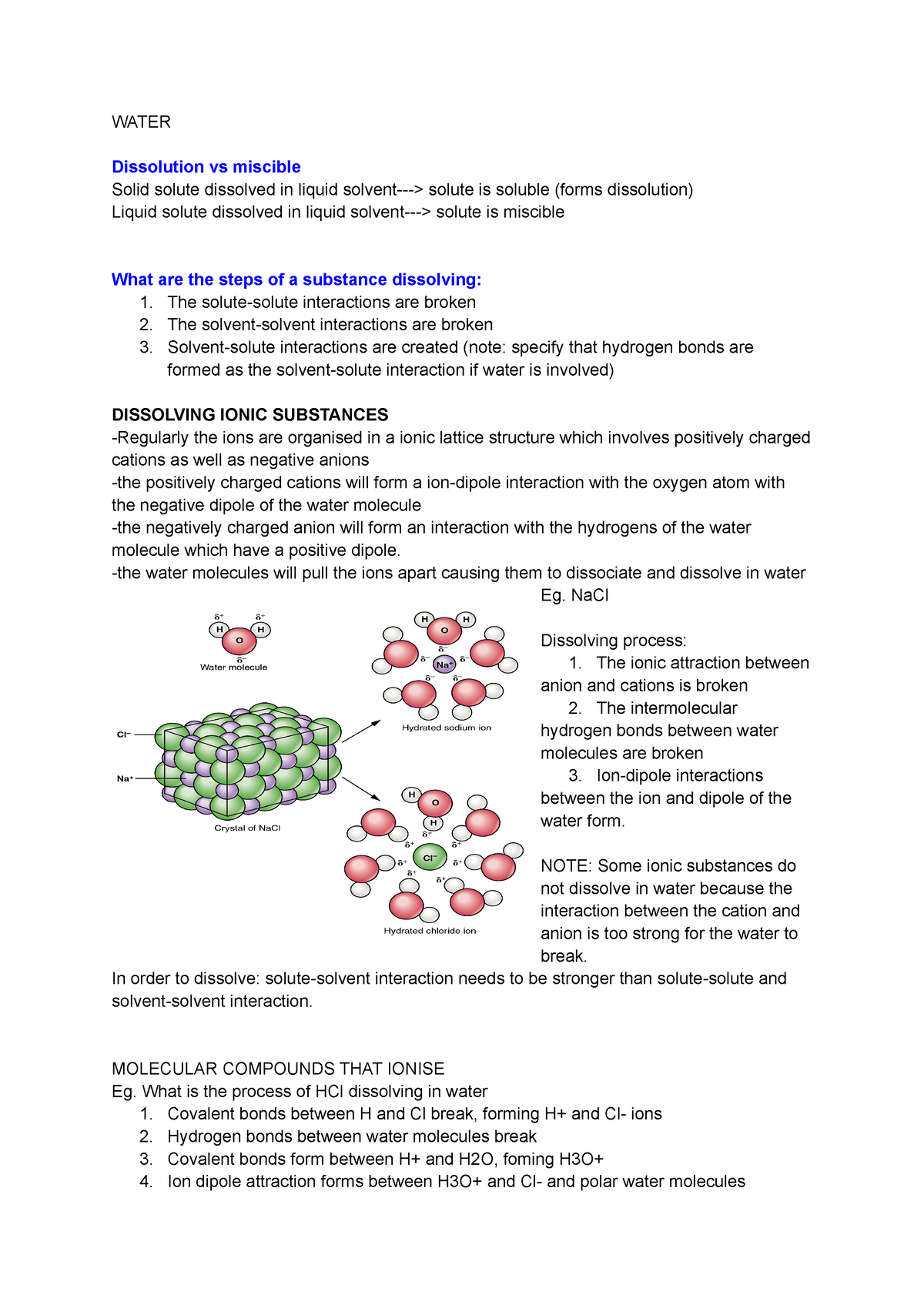 Chem notes-water - Chem notes - WATER Dissolution vs miscible Solid ...