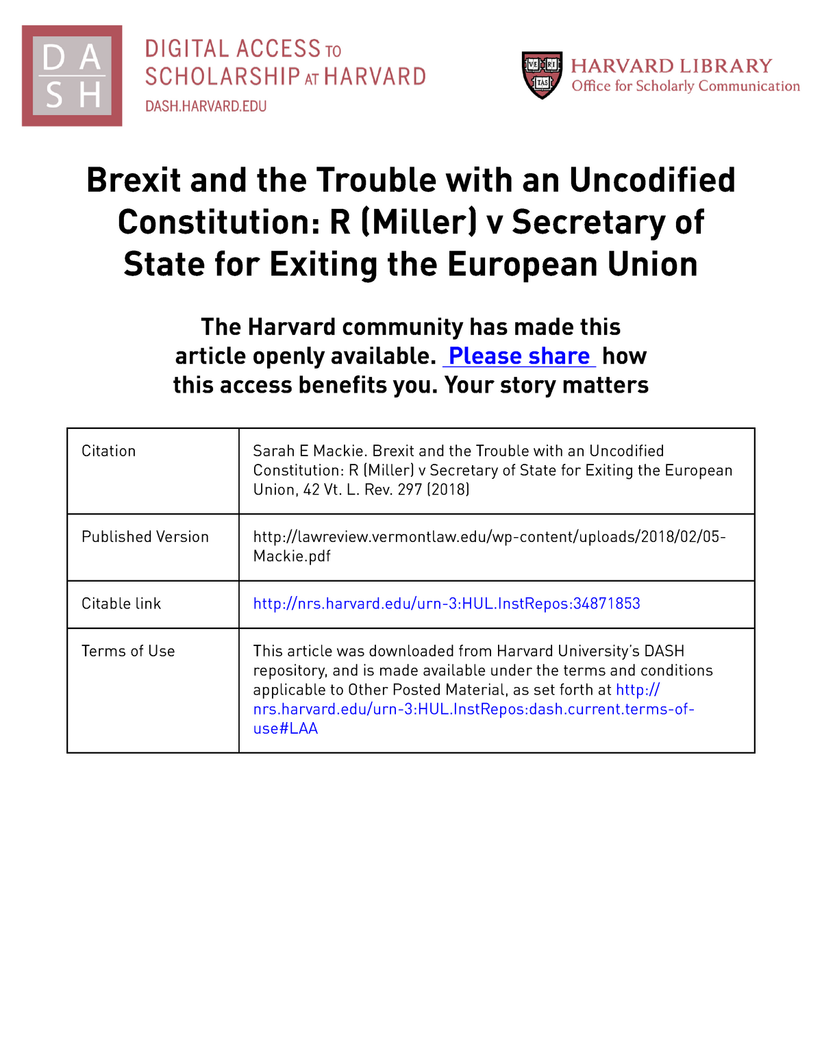 Brexit And The Trouble With An Uncodified Constitution 18 422 Vermont Law Review 297 Brexit And Studocu