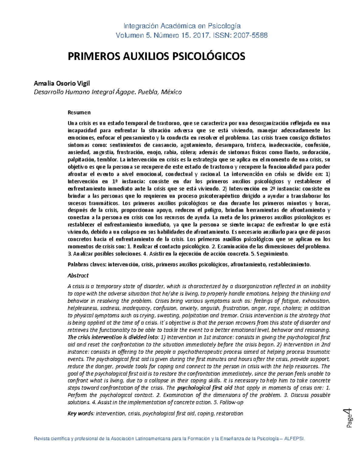 Primeros Auxilios Psicológicos - Volumen 5. Número 15. 2017. ISSN: 2007 ...