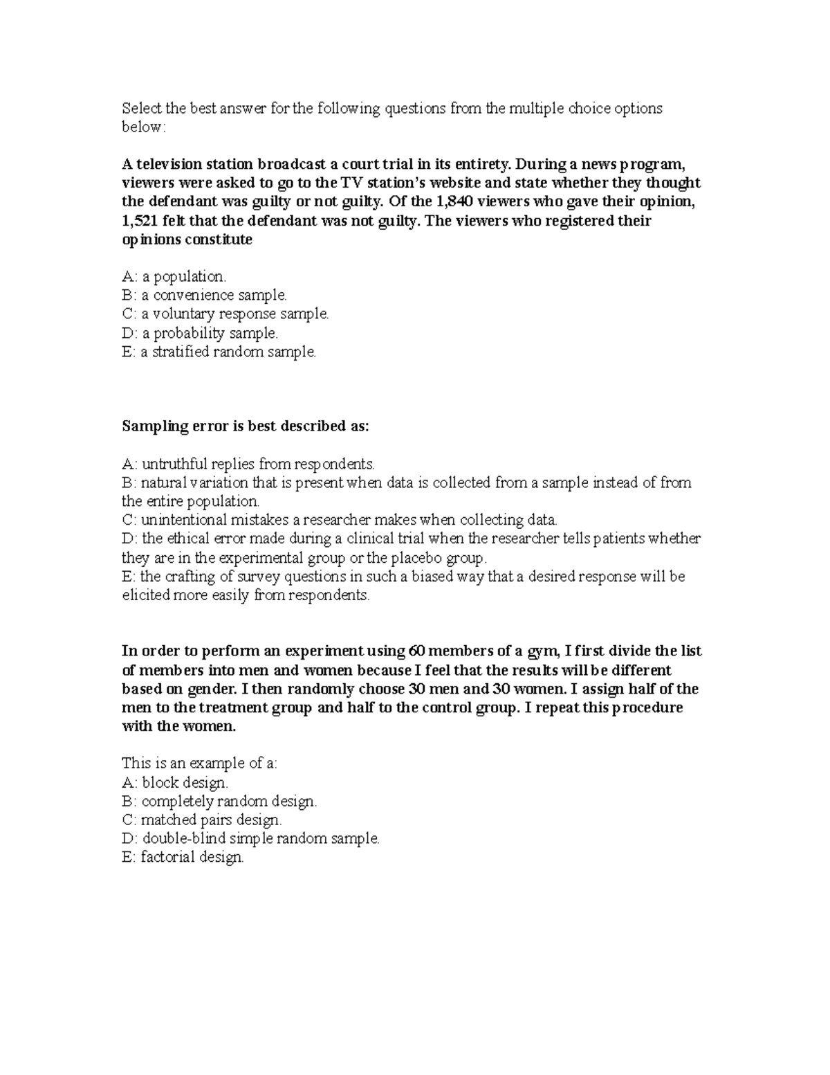Ap statistics study guide Select the best answer for the following questions from the multiple