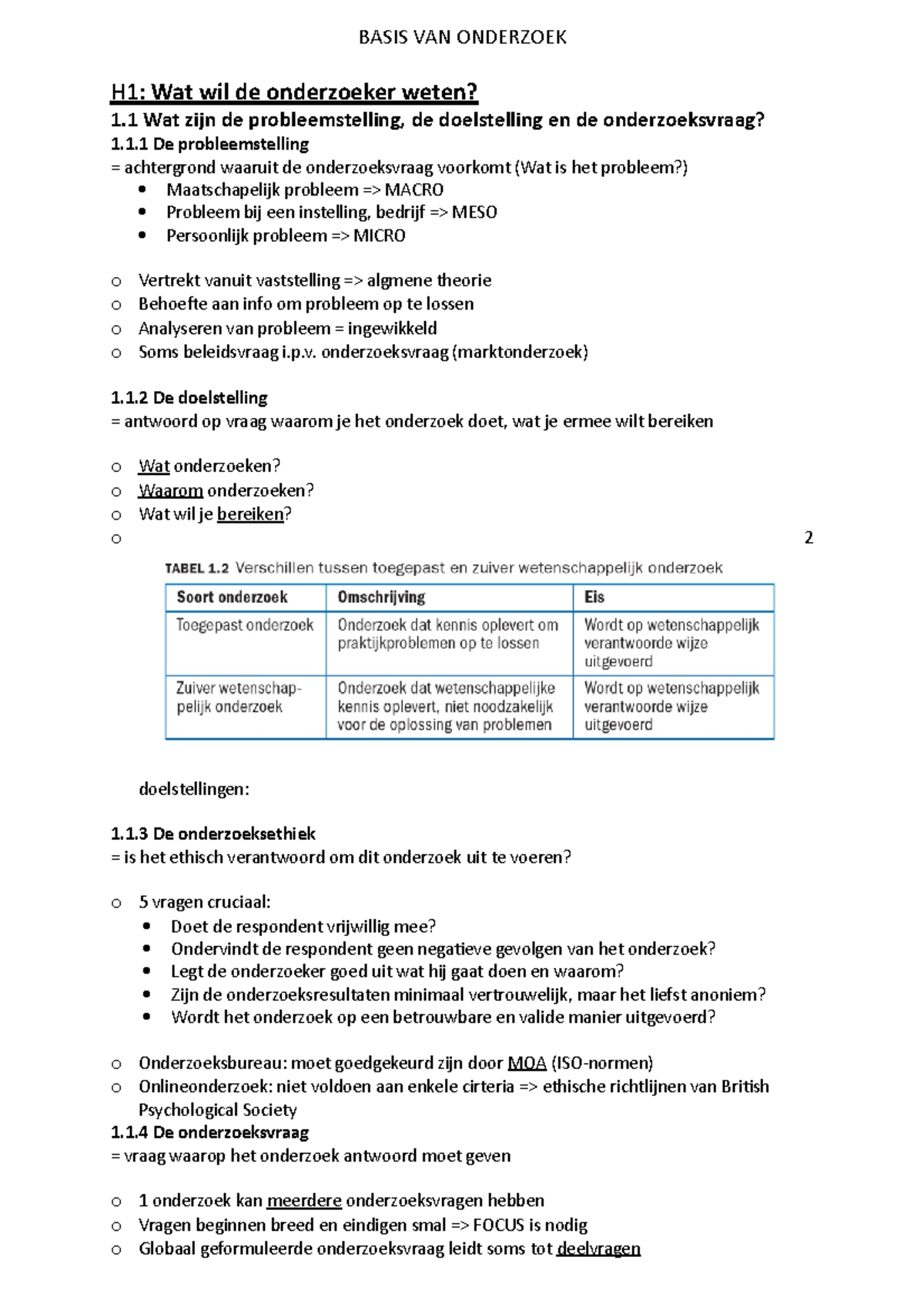 Basis Van Onderzoek - BASIS VAN ONDERZOEK H1: Wat Wil De Onderzoeker ...