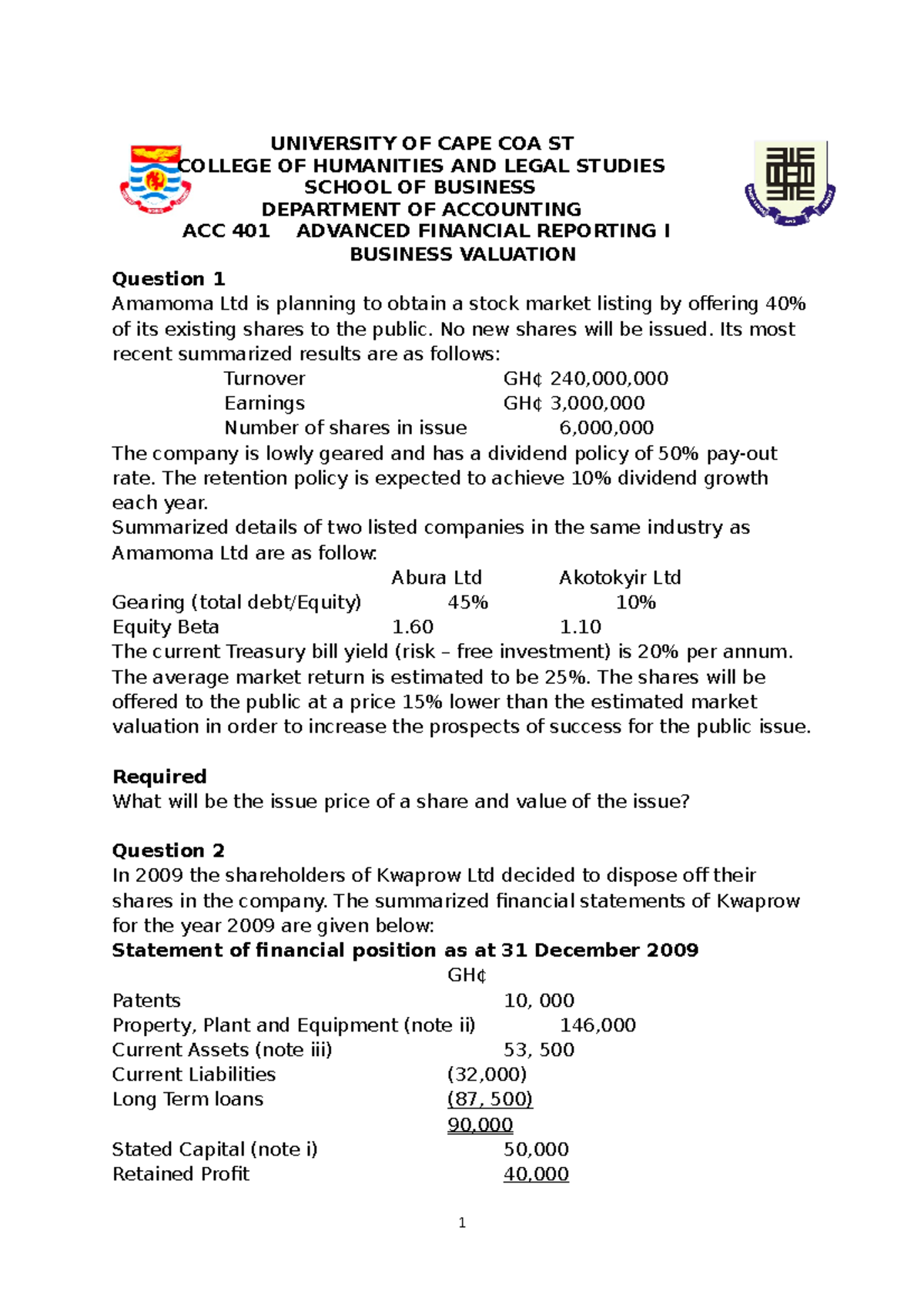 ACC4012021 Business VReview Questions Advanced Accounting UCC