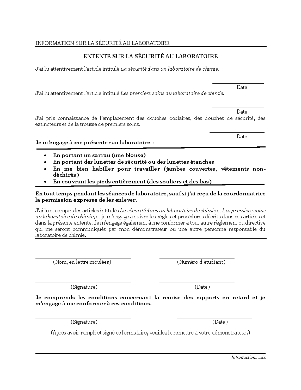Lab Agreement CHM 1711 - Introduction... INFORMATION SUR LA SÉCURITÉ AU ...