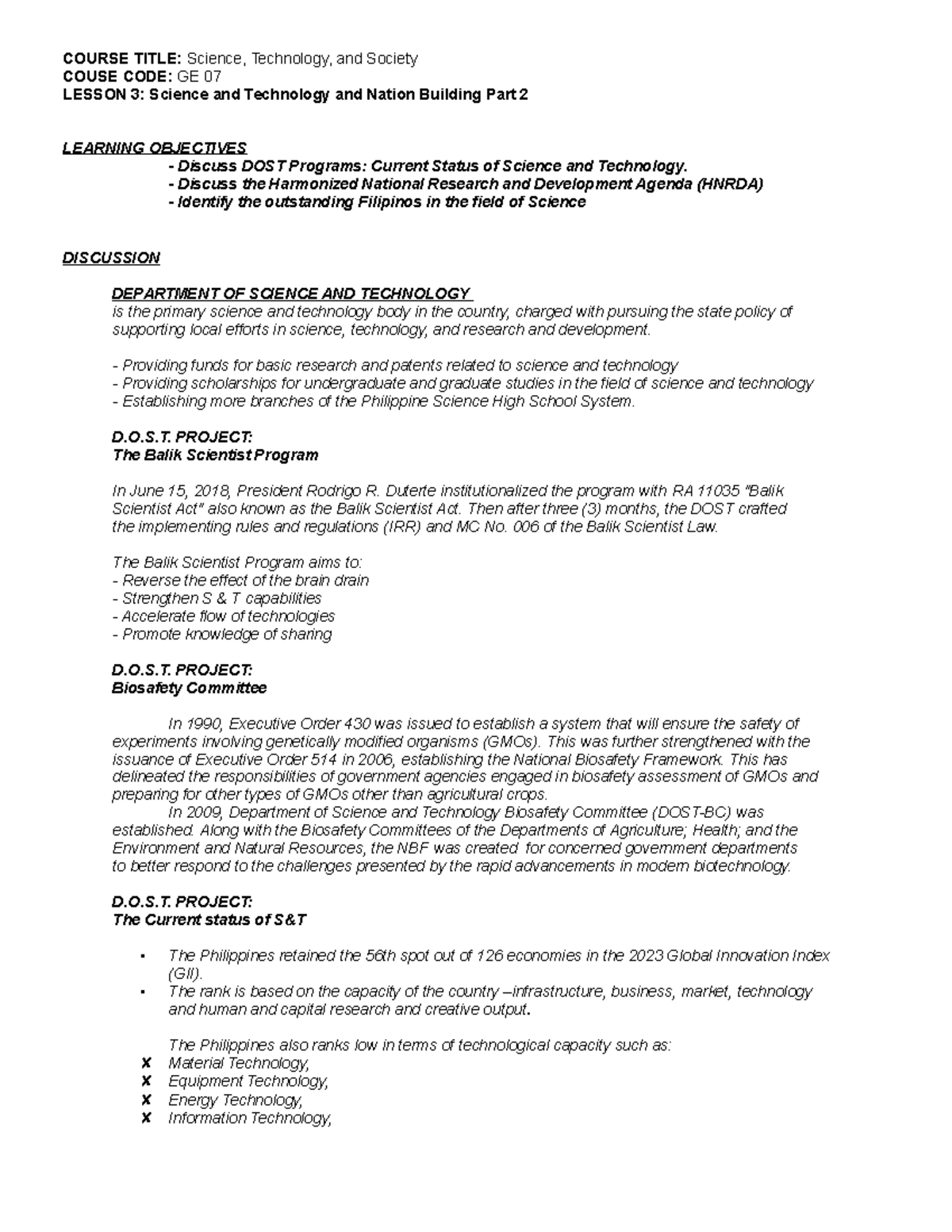 Learning Material- Lesson 3 PART 2 - COURSE TITLE: Science, Technology ...