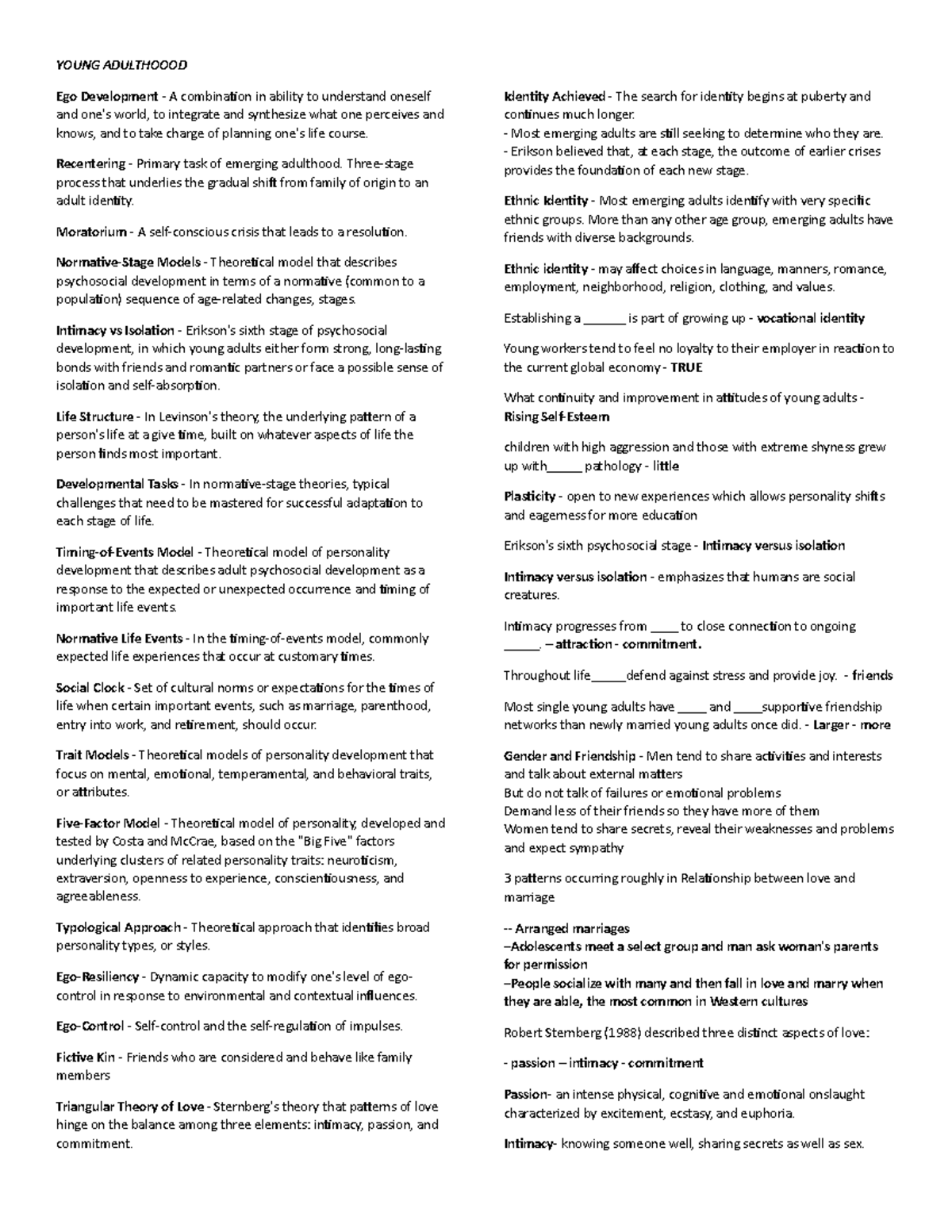 Reviewer in soc - notes - YOUNG ADULTHOOOD Ego Development - A ...