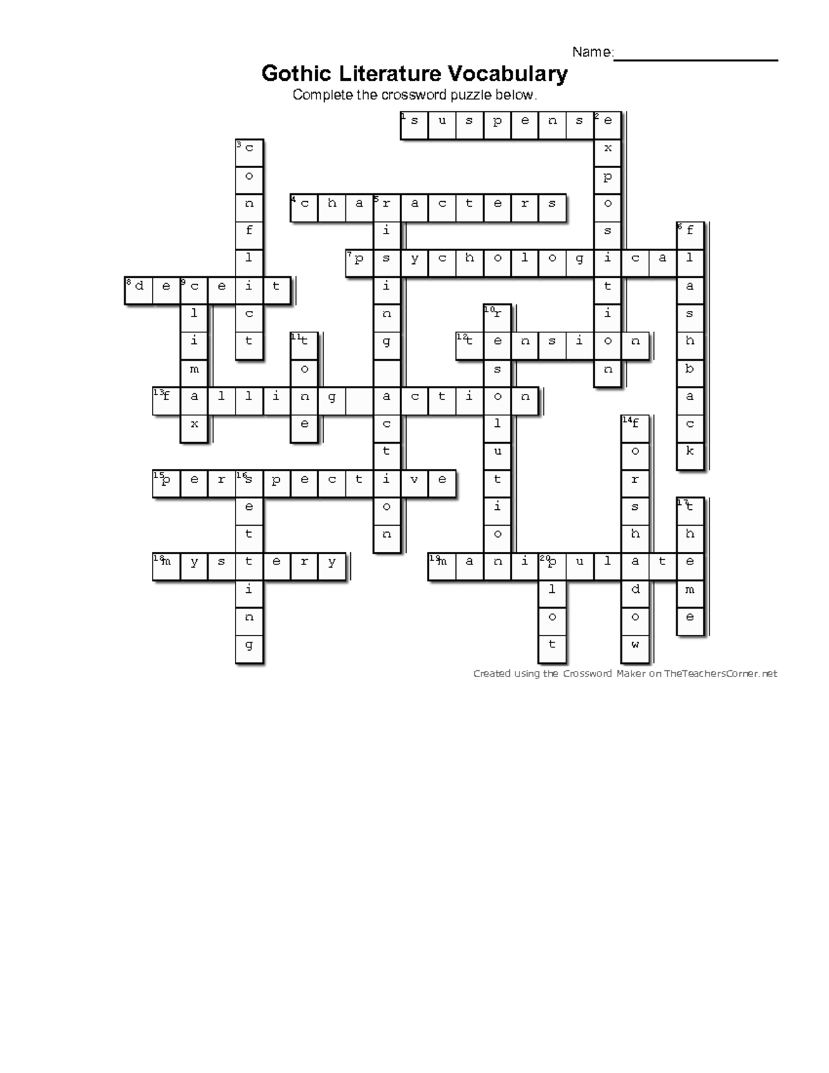 Answers Gothic Literature Vocab Crossword Gothic Literature