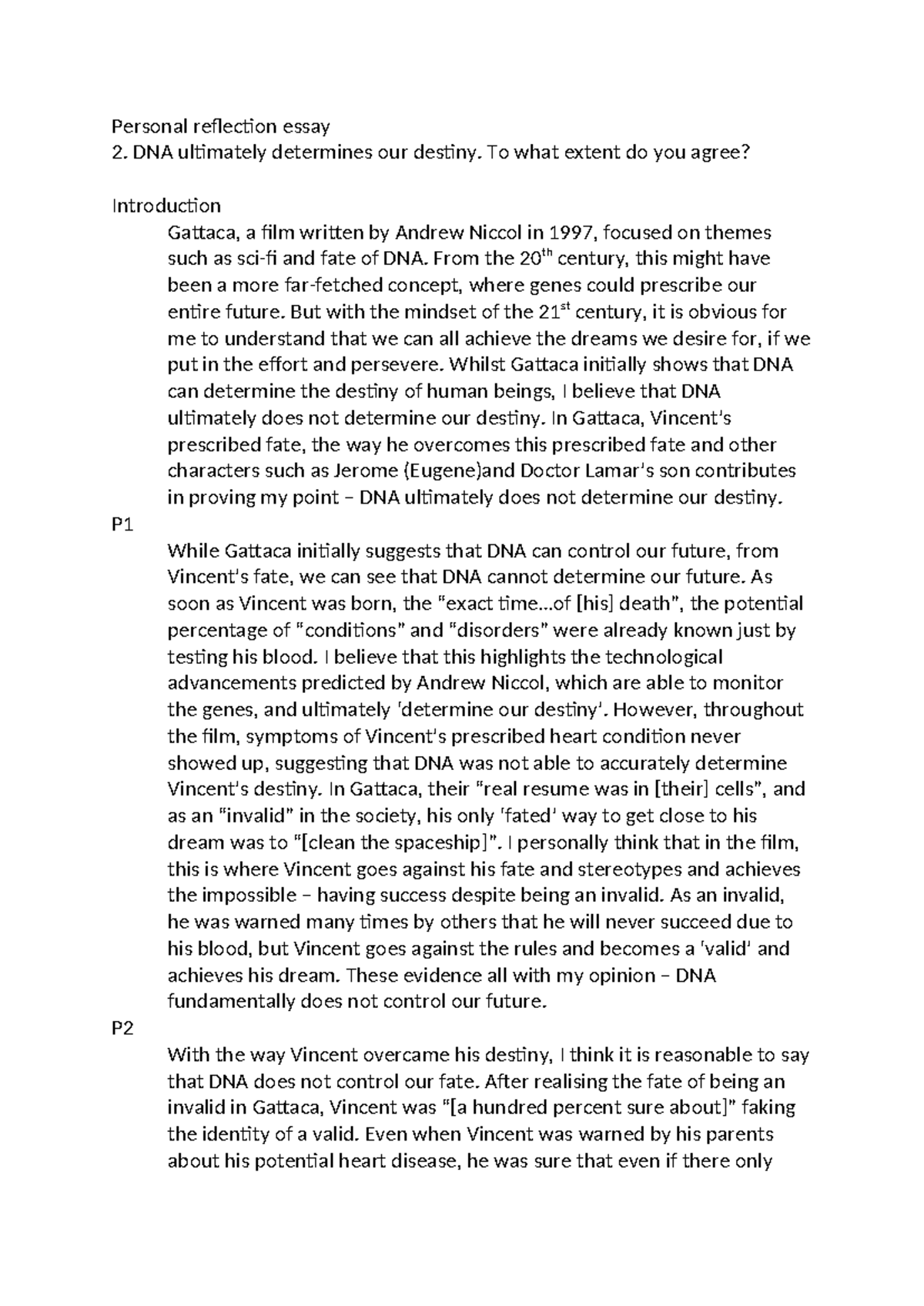 Gattaca text response - Personal reflection essay 2. DNA ultimately ...