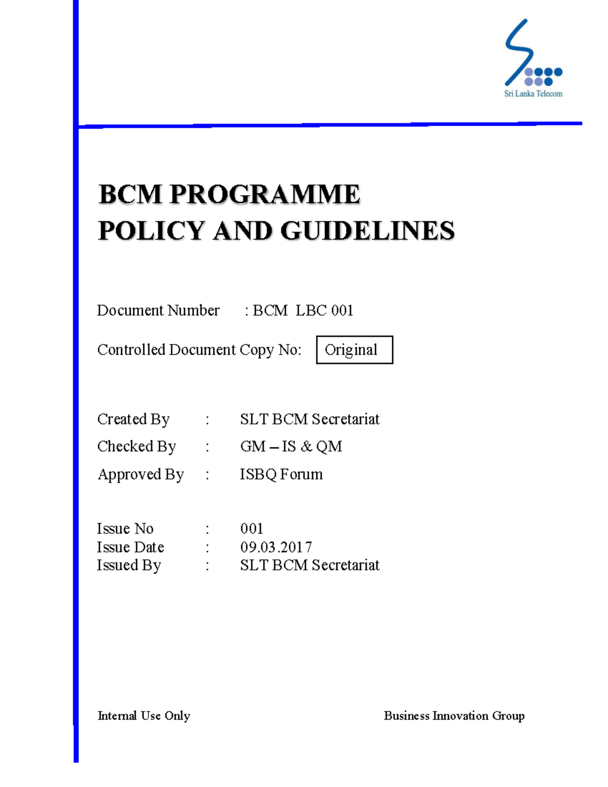 BCM - stat - BCM PROGRAMME POLICY AND GUIDELINES Document Number : BCM ...