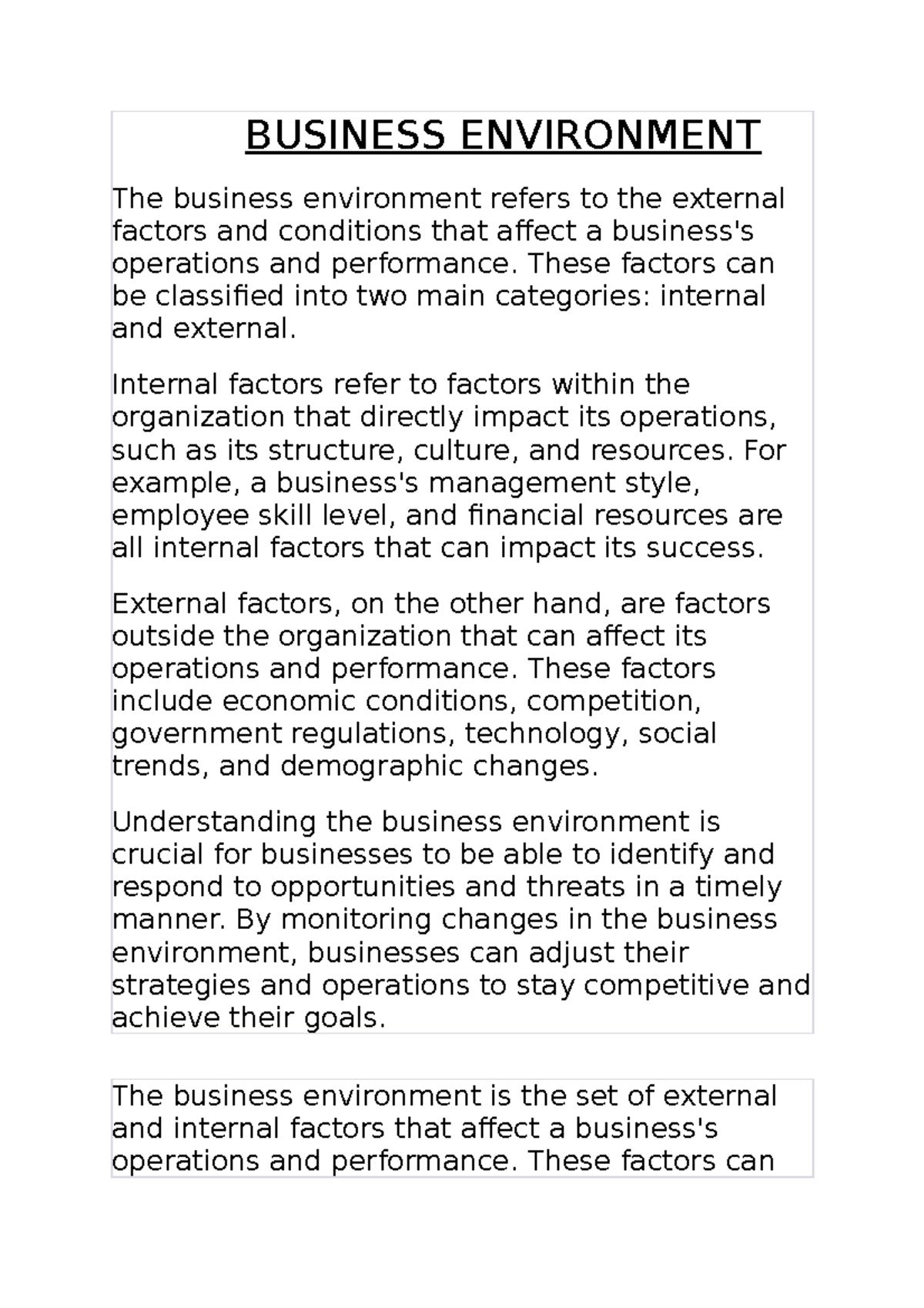 Business Environment - BUSINESS ENVIRONMENT The business environment ...