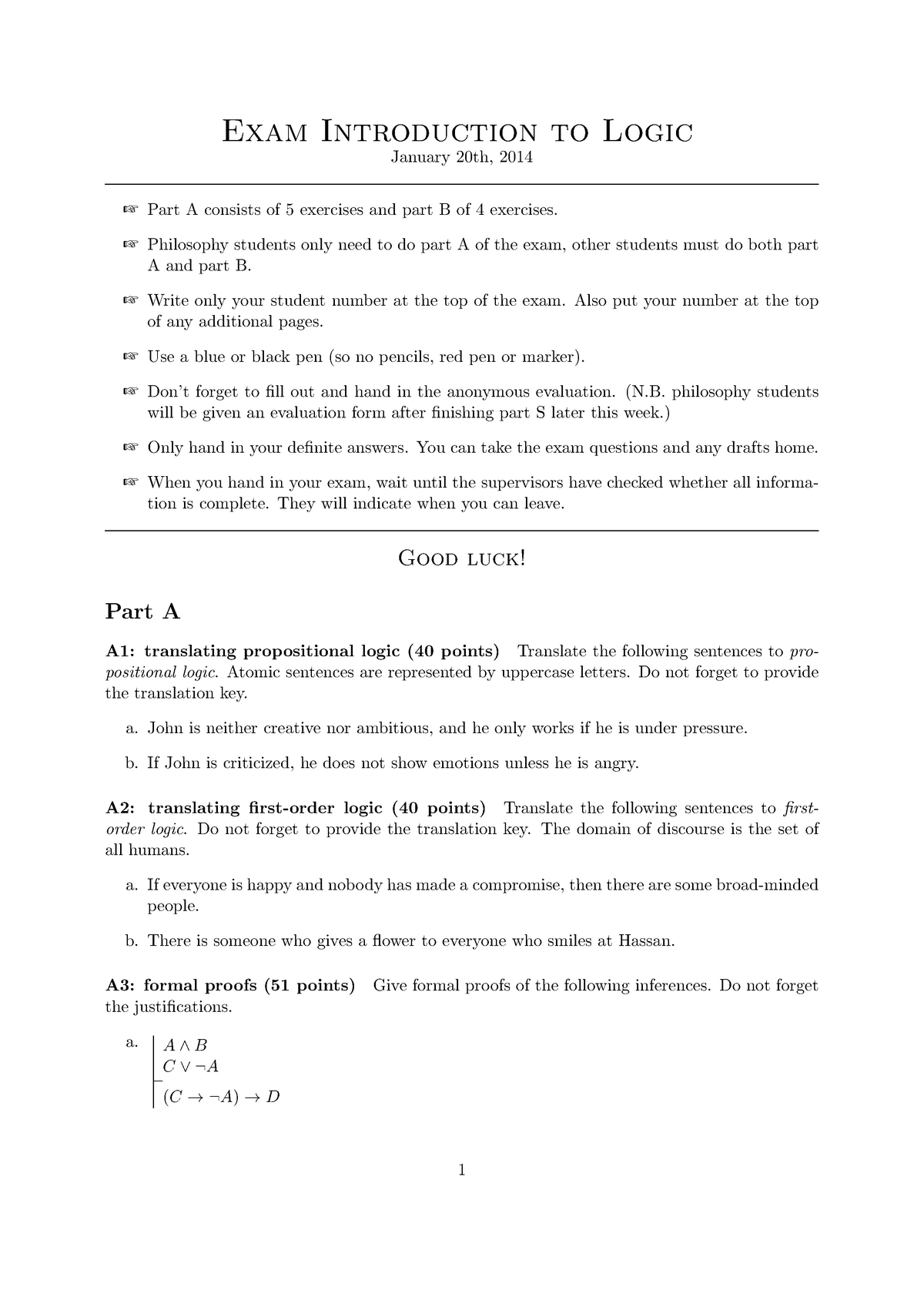 Exam January 20, 2014, Introduction To Logic Questions - Exam ...