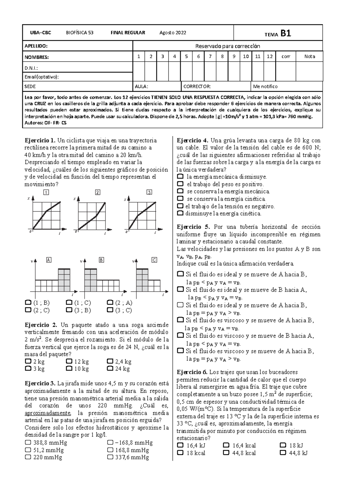 Final Biofísica Agosto 2022 - UBA–CBC BIOFÍSICA 53 FINAL REGULAR Agosto ...