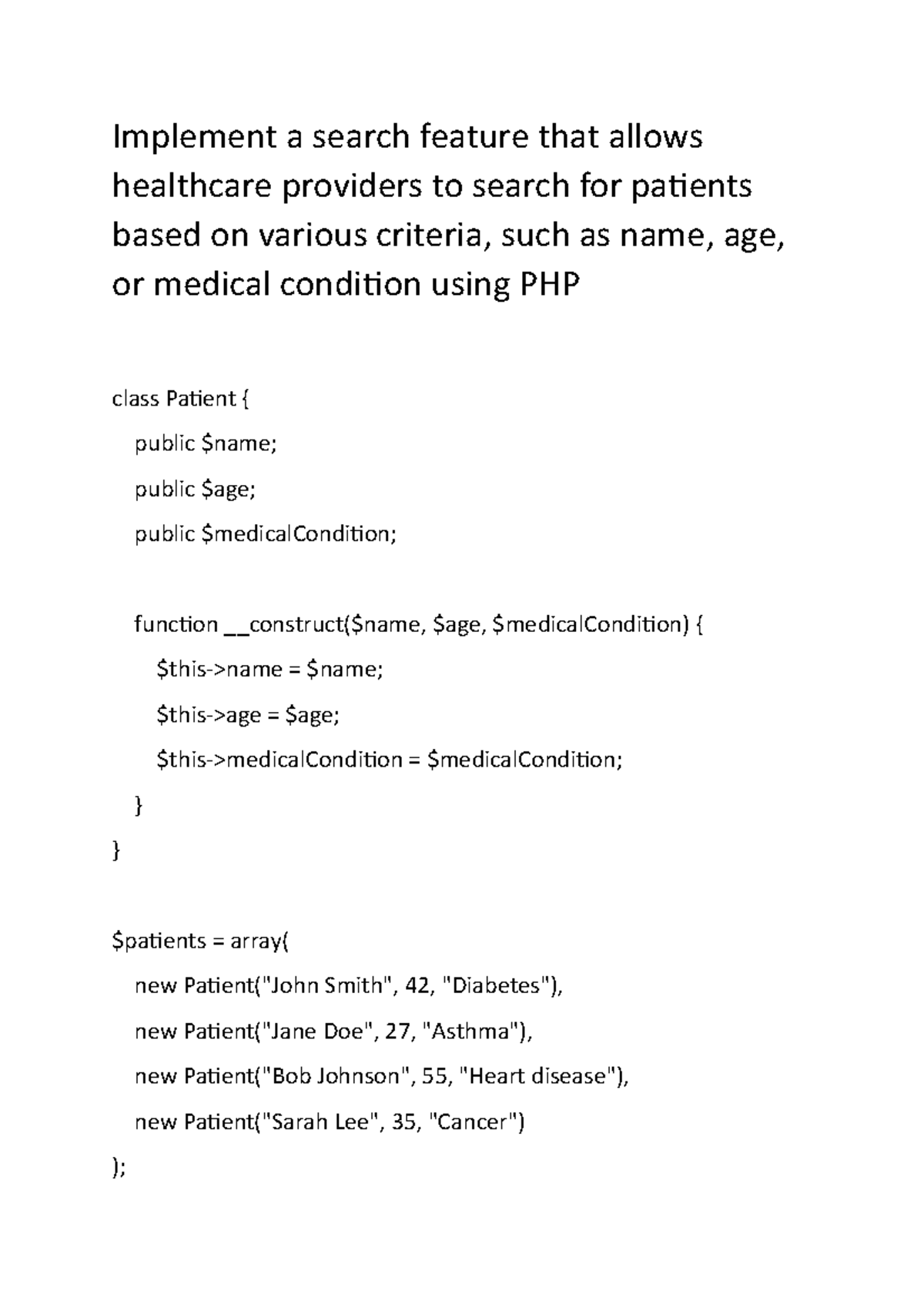 Patients based on various -php - Implement a search feature that allows ...