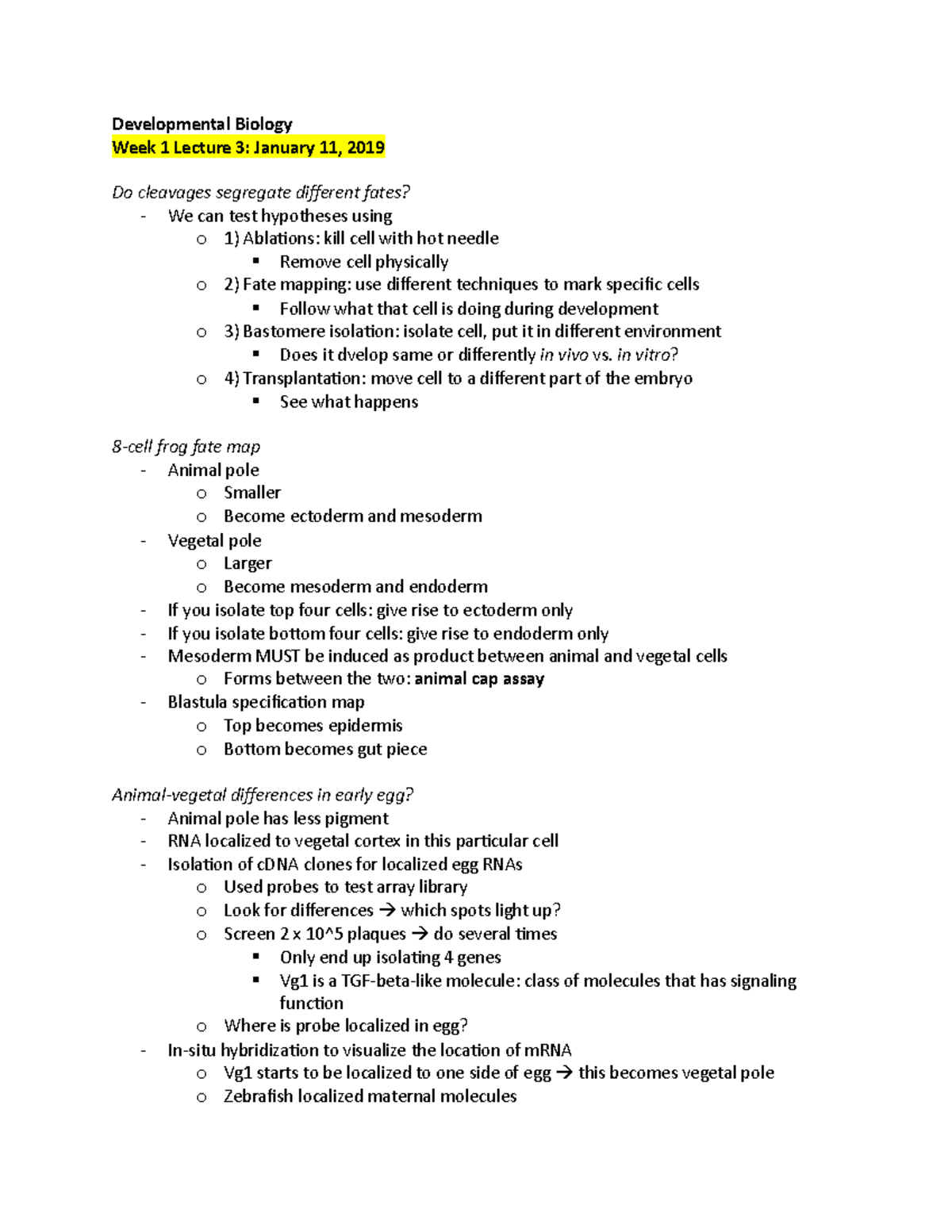 Devbio W1L3 - Lecture notes Week 1 Lecture 3 - Developmental Biology ...