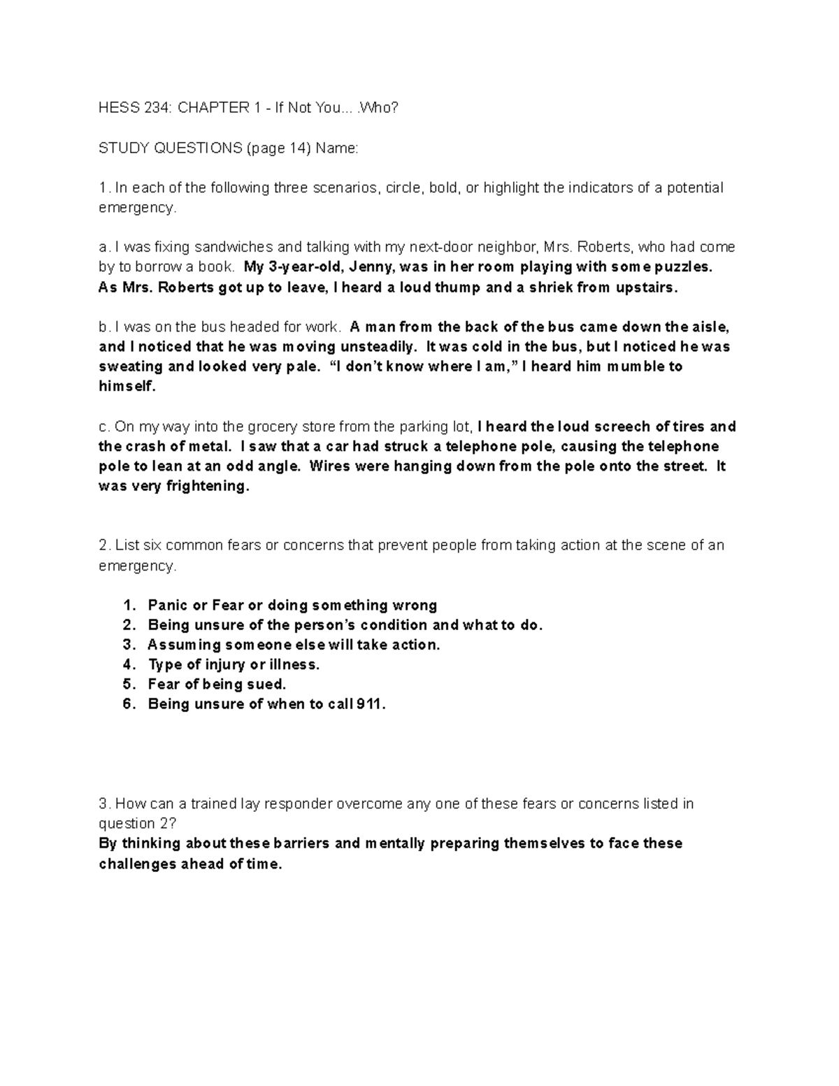 First Aid 1 HESS 234 CHAPTER 1 If Not You...? STUDY QUESTIONS