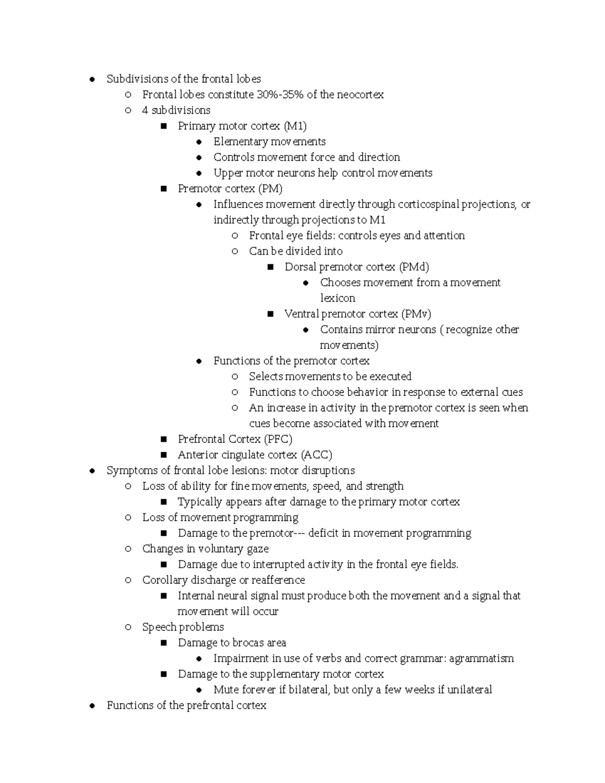 Frontal Lobe Lecture Notes - Subdivisions of the frontal lobes Frontal ...
