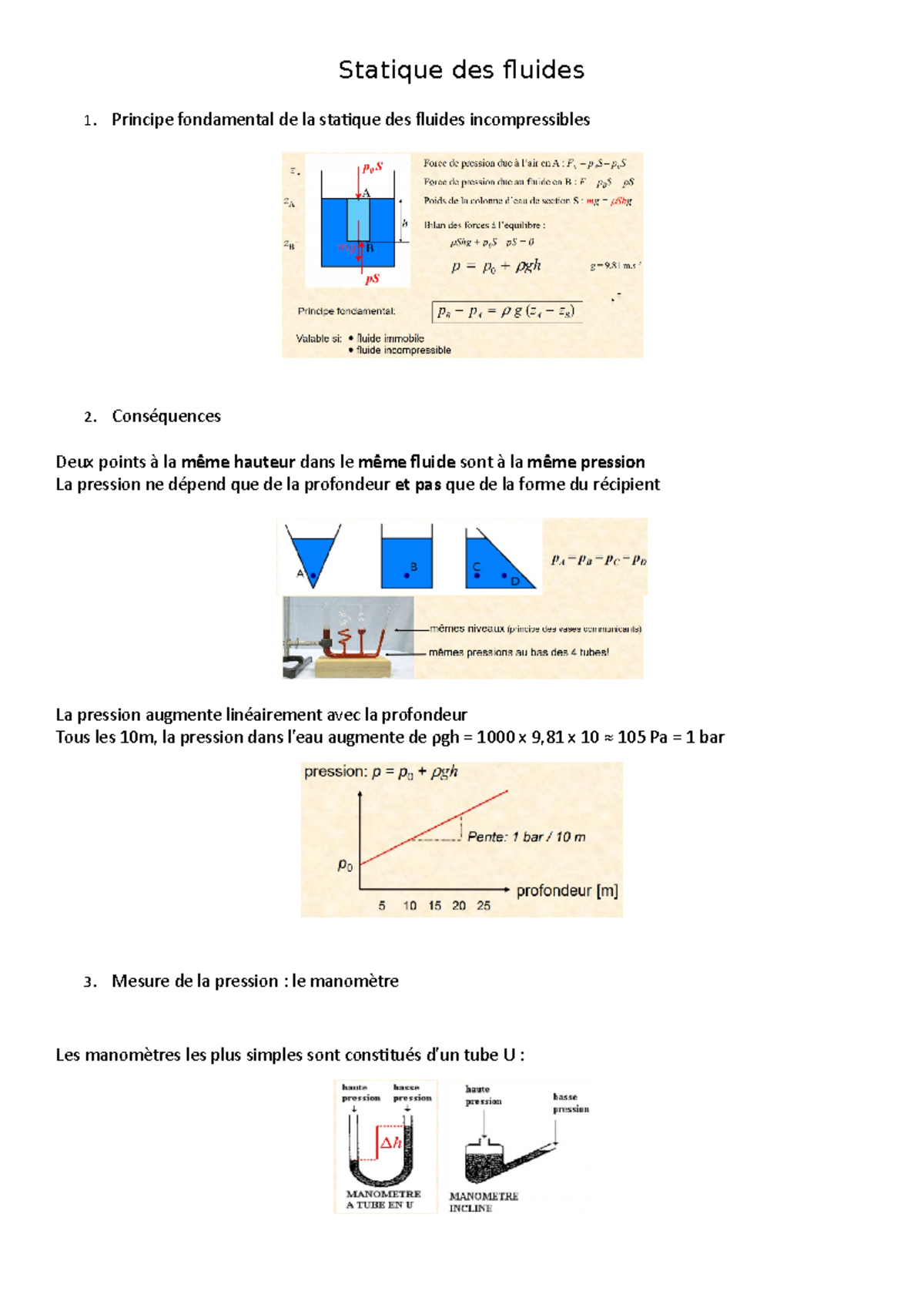 2. Statique des fluides Statique des fluides Principe fondamental de la statique des fluides