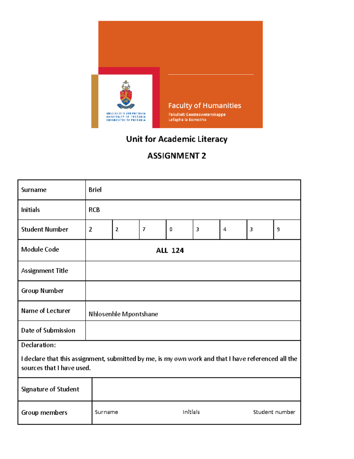 All - Good prep - Unit for Academic Literacy ASSIGNMENT 2 Surname Briel ...