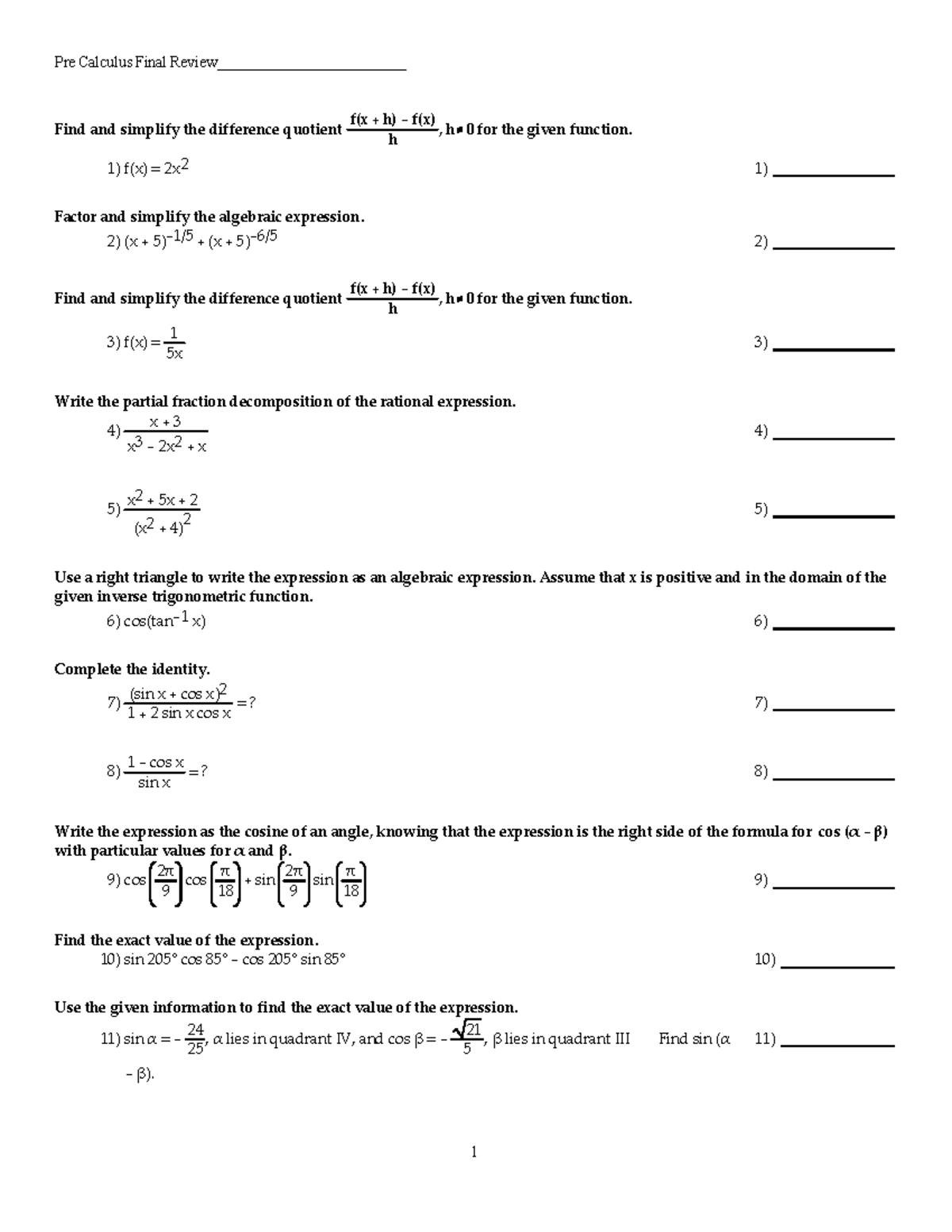 2412Final Review - Pre Calculus Final Review ...