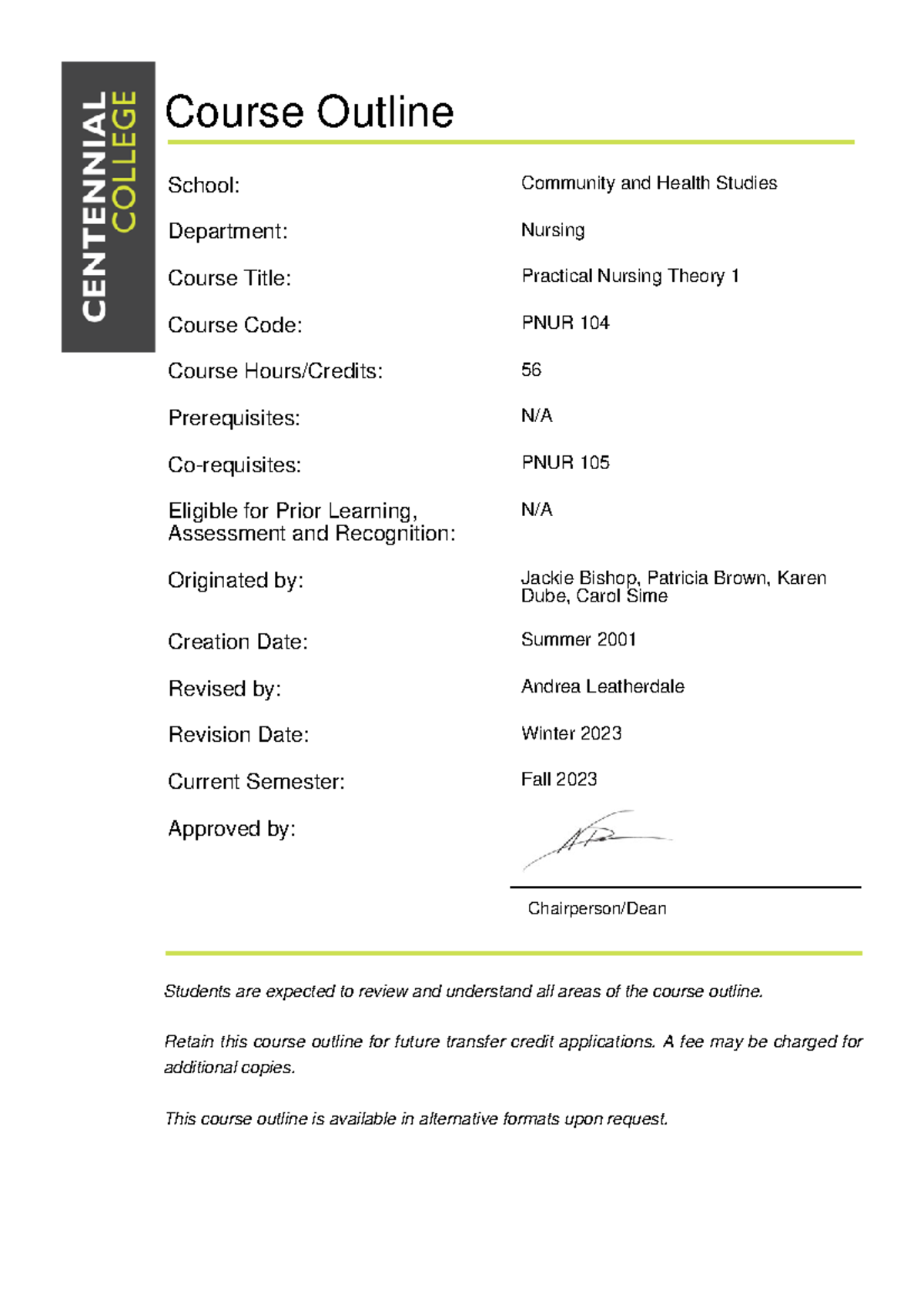 PNUR 104 - Hello - Course Outline Chairperson/Dean Students are ...
