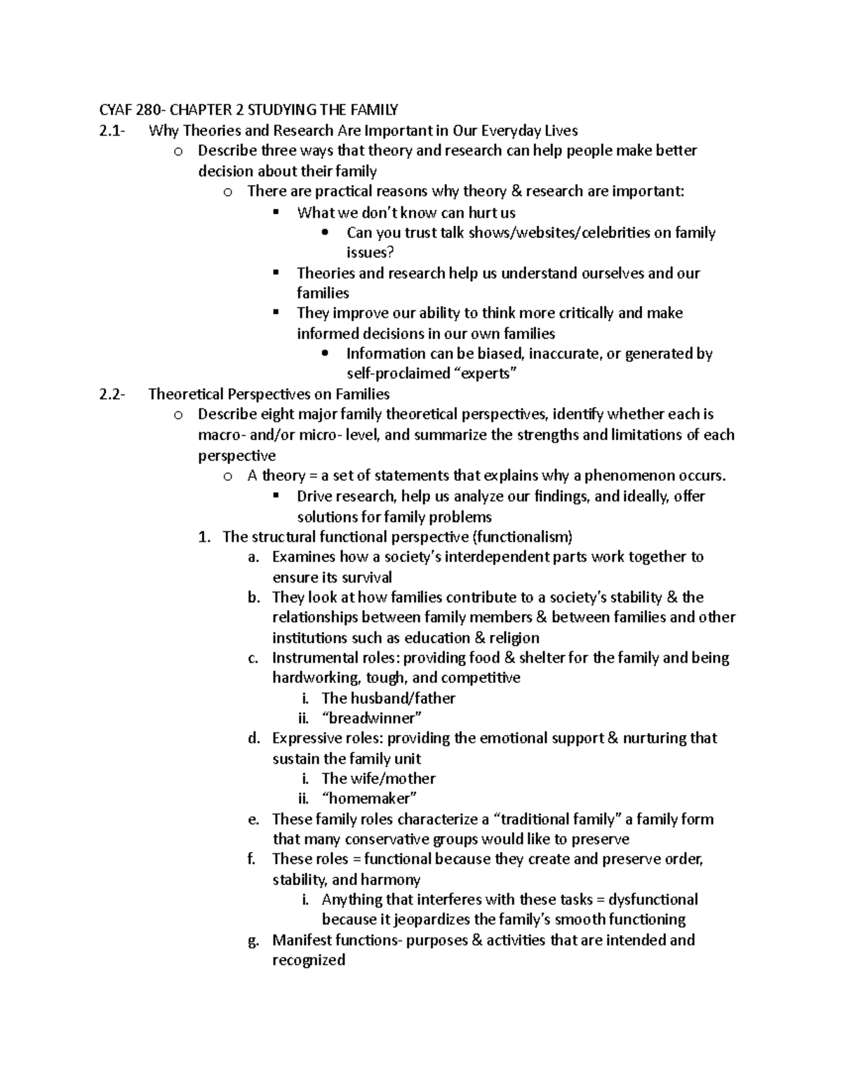 CYAF 280 CH 2-DALY - CYAF 280- CHAPTER 2 STUDYING THE FAMILY 2- Why ...