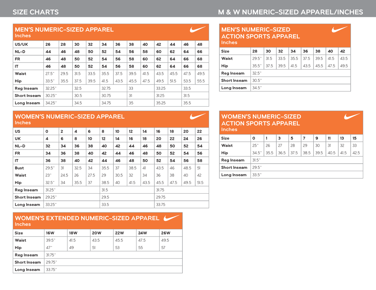 Eng nike size all - SIZE CHARTS M & W NUMERIC-SIZED APPAREL/INCHES MEN ...
