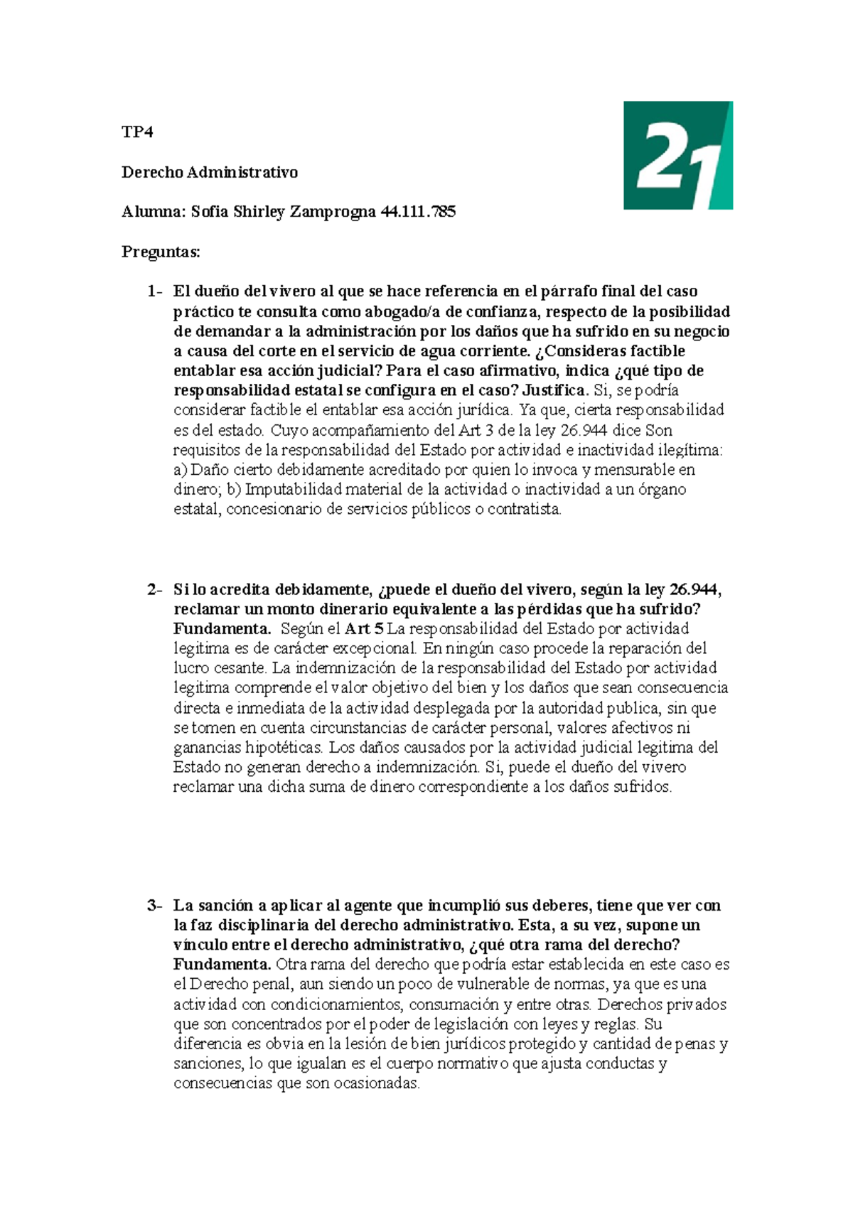 TP4 Derecho Administrativo TP Derecho Administrativo Alumna Sofia Shirley Zamprogna 44 Studocu