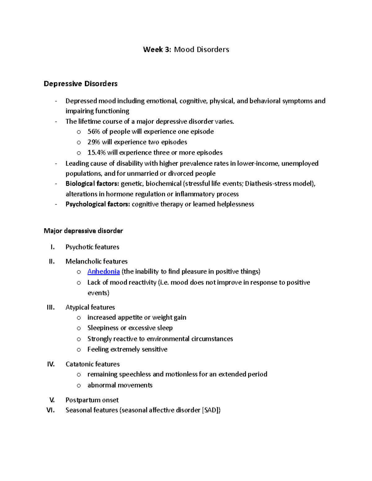 Week 3 - Mood Disorders - Week 3: Mood Disorders Depressive Disorders ...