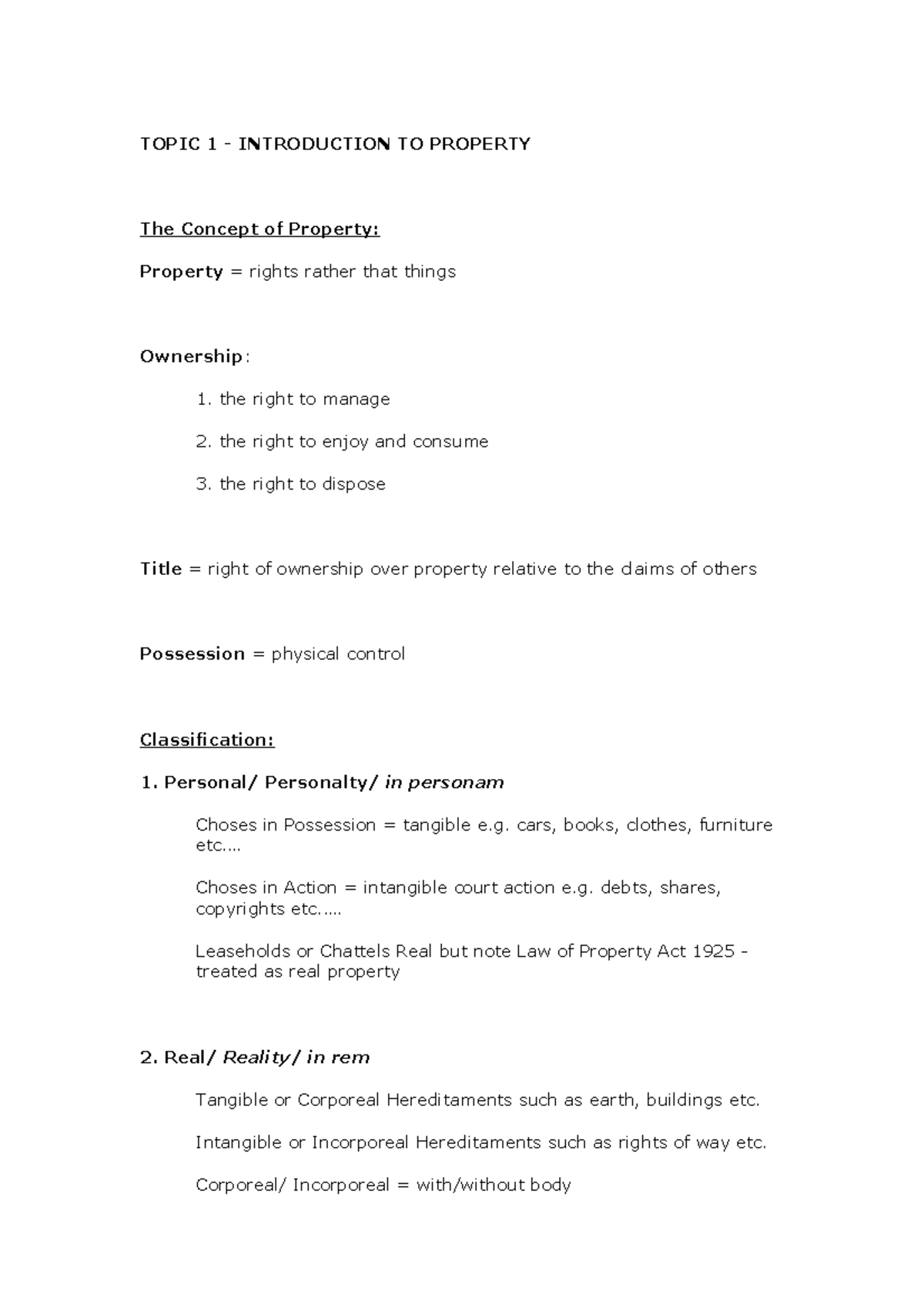 Definitions of Land handout - TOPIC 1 - INTRODUCTION TO PROPERTY The ...