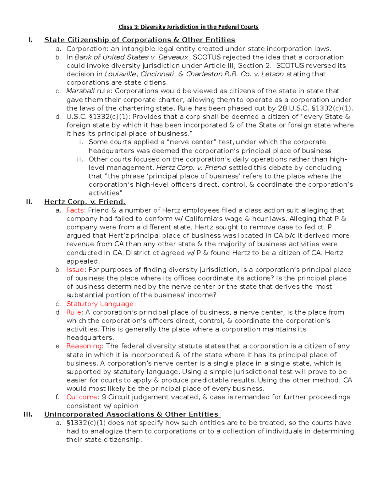 Class 3 Diversity Jurisdiction in the Federal Courts State