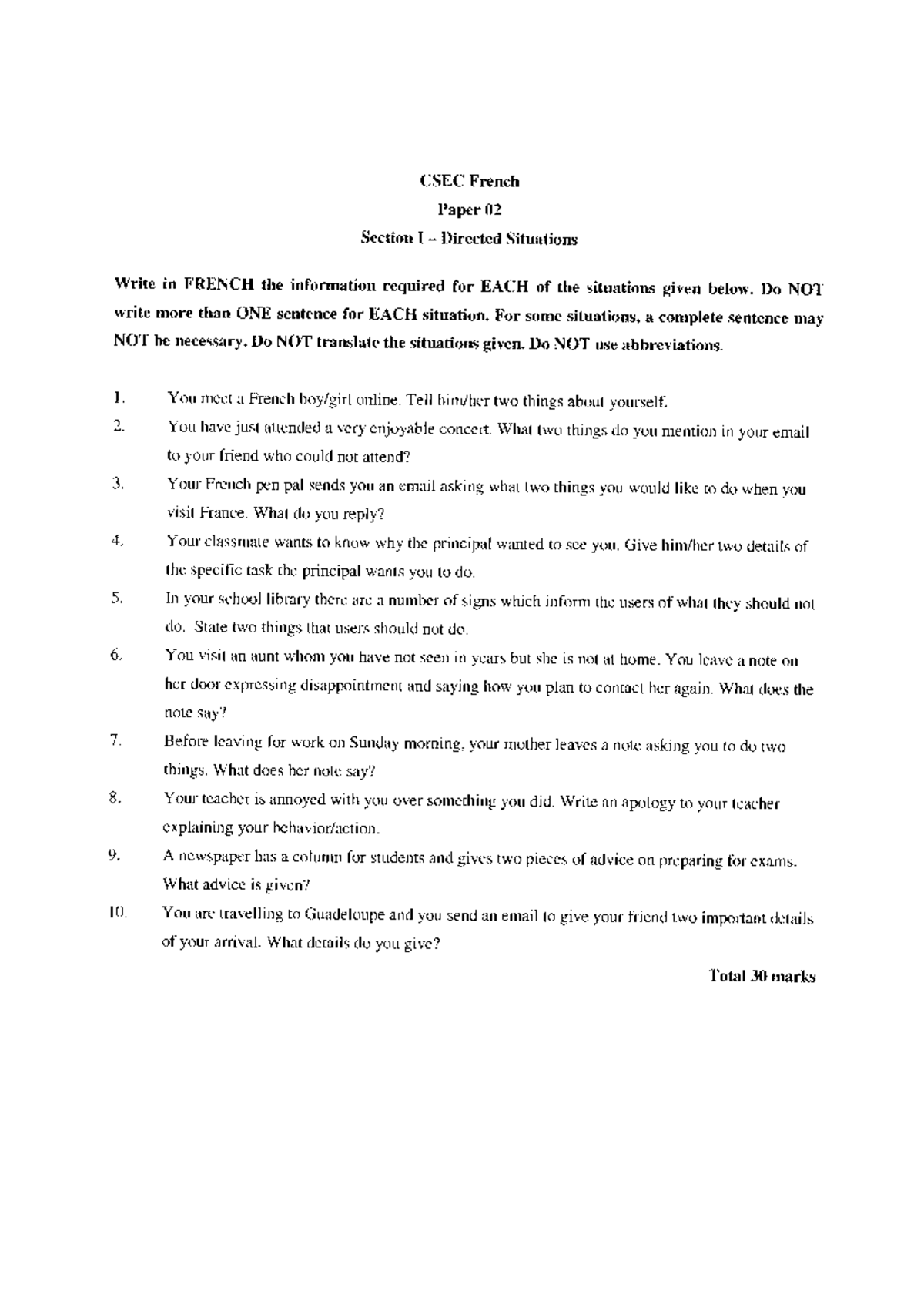 CSEC June2011 French Paper 2 Section I Directed Situations CSECFrench