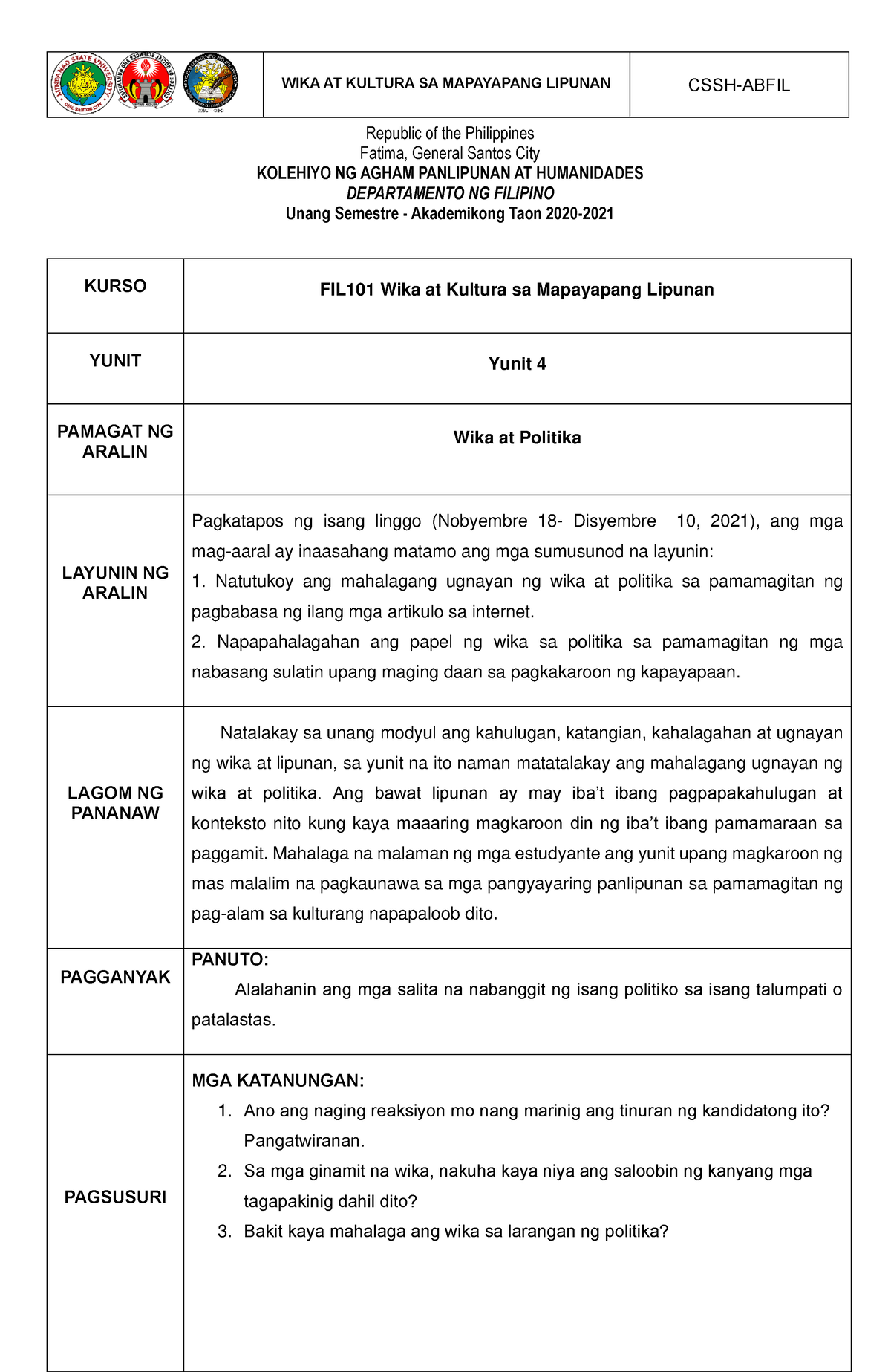 Modyul 4-FIL 101 - For Your Own Understanding. - KURSO FIL101 Wika At ...