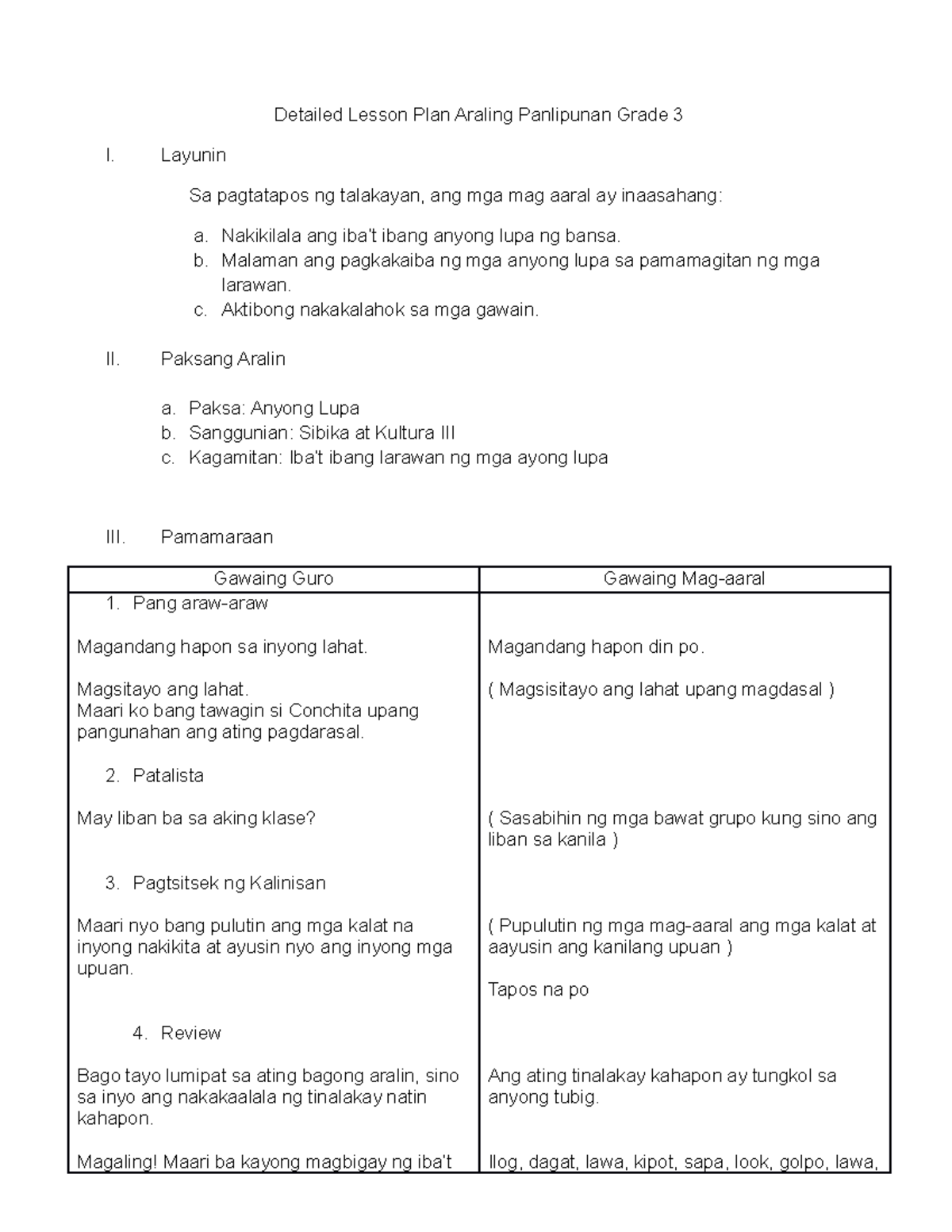 416805143 Anyong Lupa Lesson Plan Detailed Lesson Plan Araling Panlipunan Grade 3 I Layunin