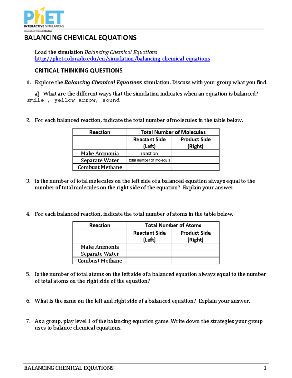 Ph ET Lab - Balancing Chemical Equations Student Guide - BALANCING ...