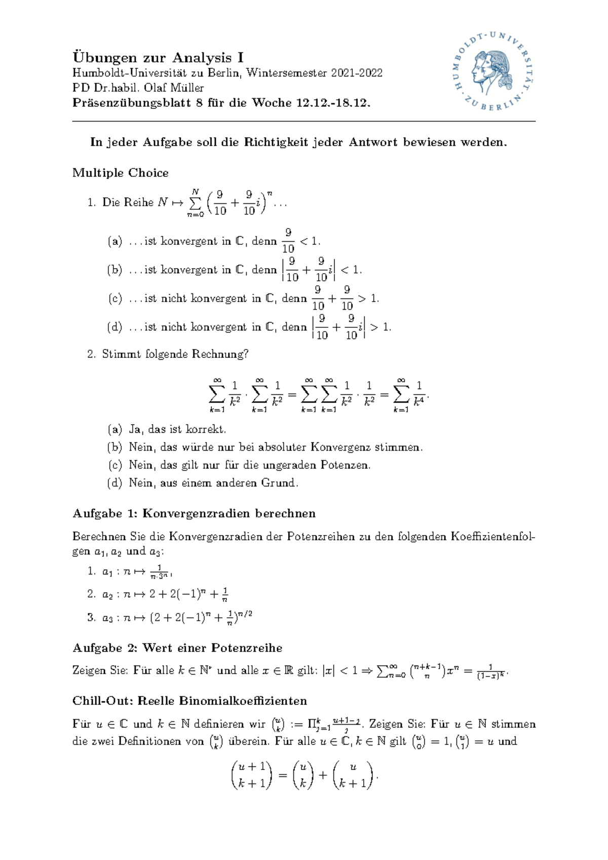 Ana 1 Präsenzblatt 8 Ubungen Zur Analysis I ̈ Humboldt Universit ̈at Zu Berlin Wintersemester