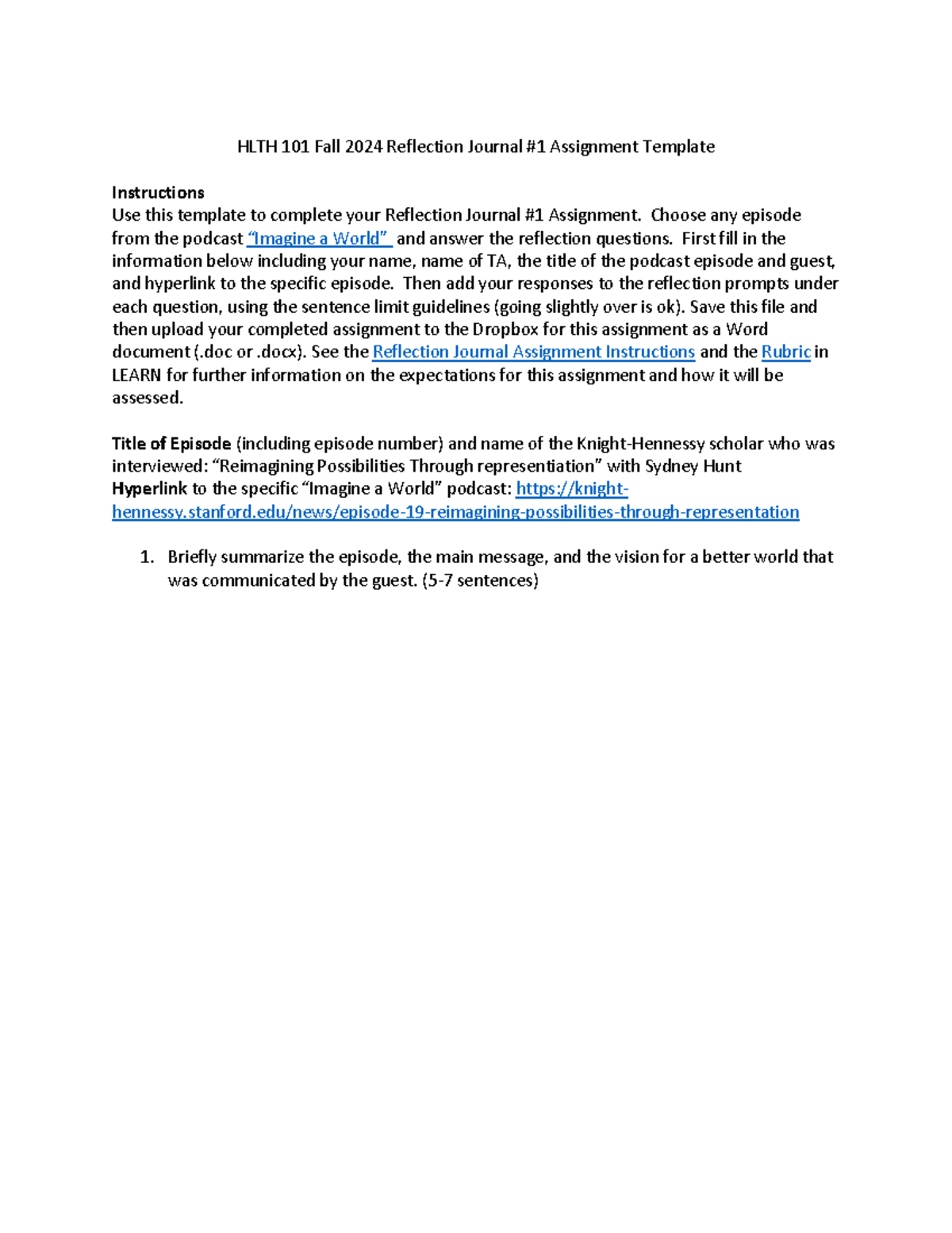 HLTH101-Reflection Journal 1-Template - HLTH 101 Fall 2024 Reflection ...