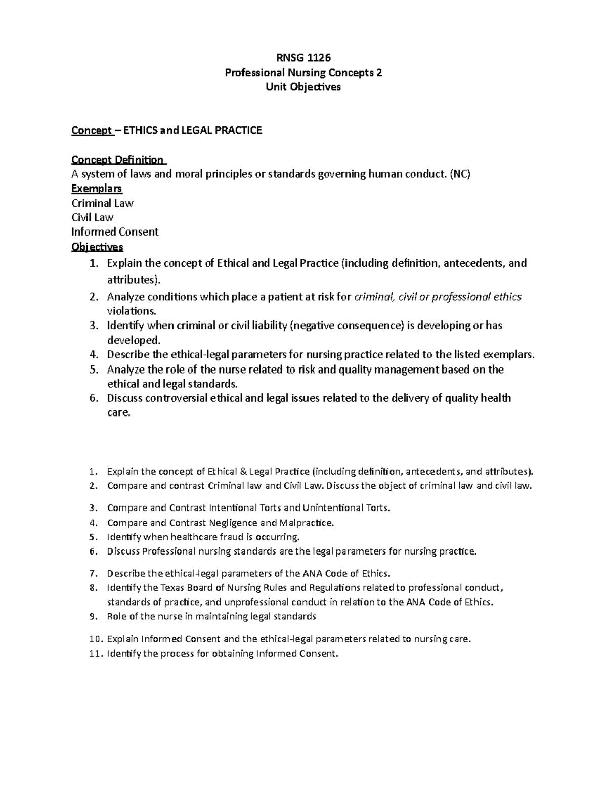 EthicalLegal Parameters RNSG 1126 Professional Nursing Concepts 2