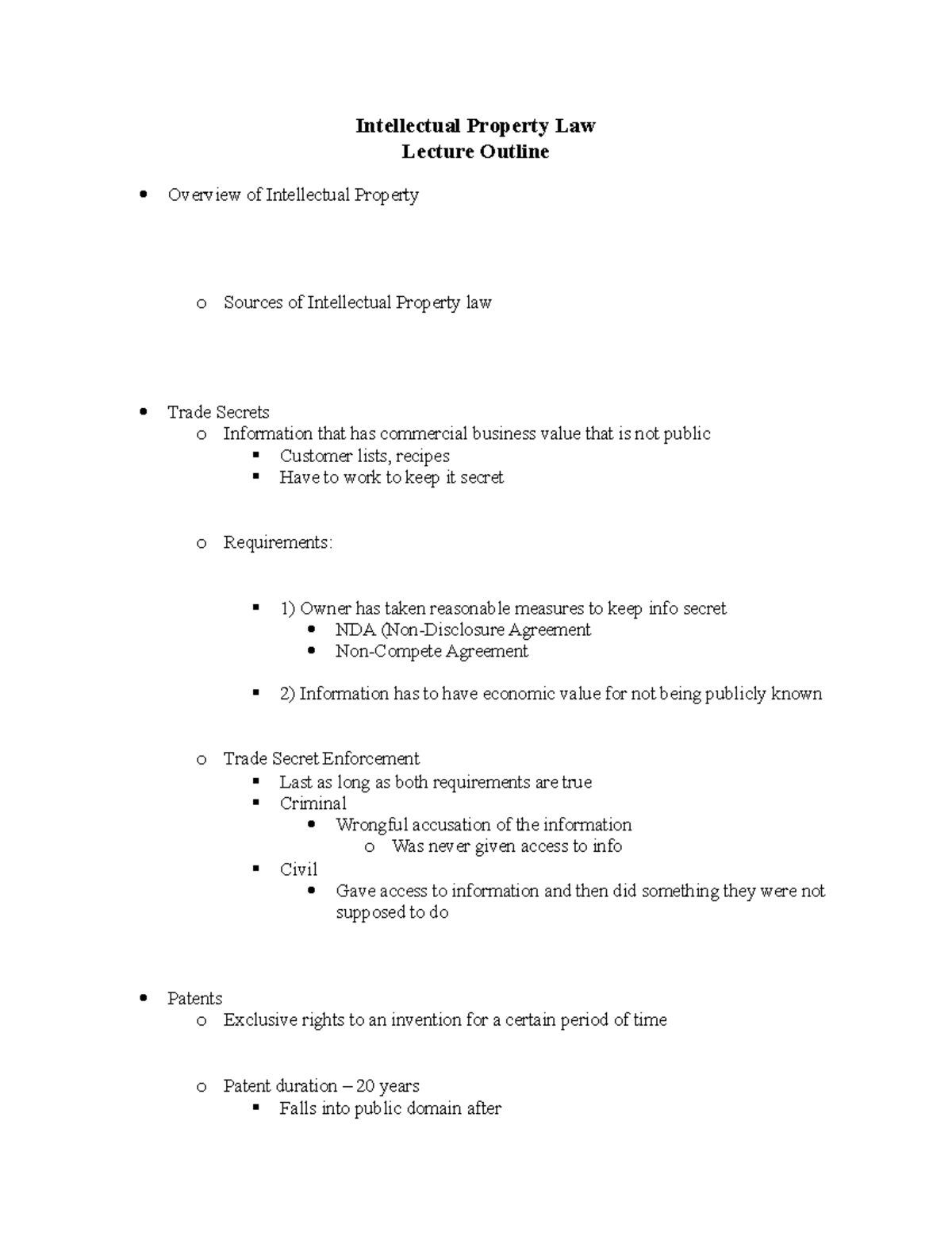Intellectual Property Law Lecture Outline - Intellectual Property Law  Lecture Outline  Overview of - StuDocu
