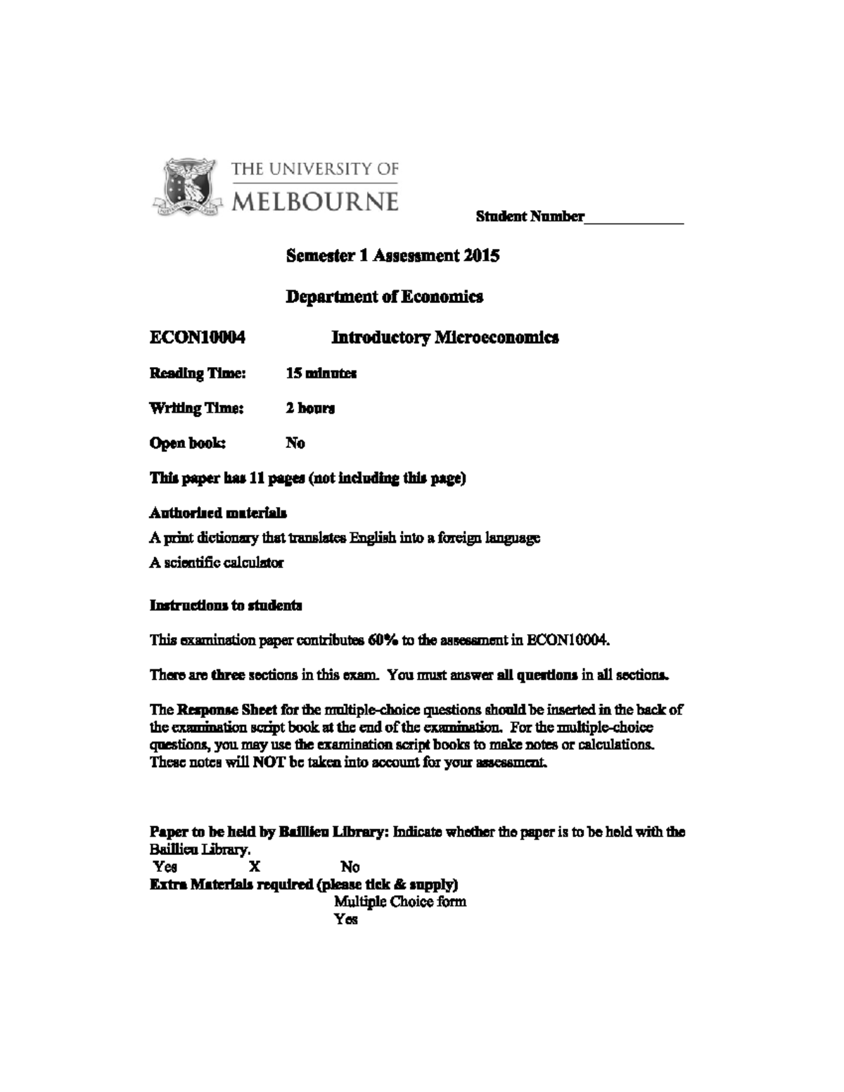 Exam 16 December 2014, Questions - ECON10004 - Studocu