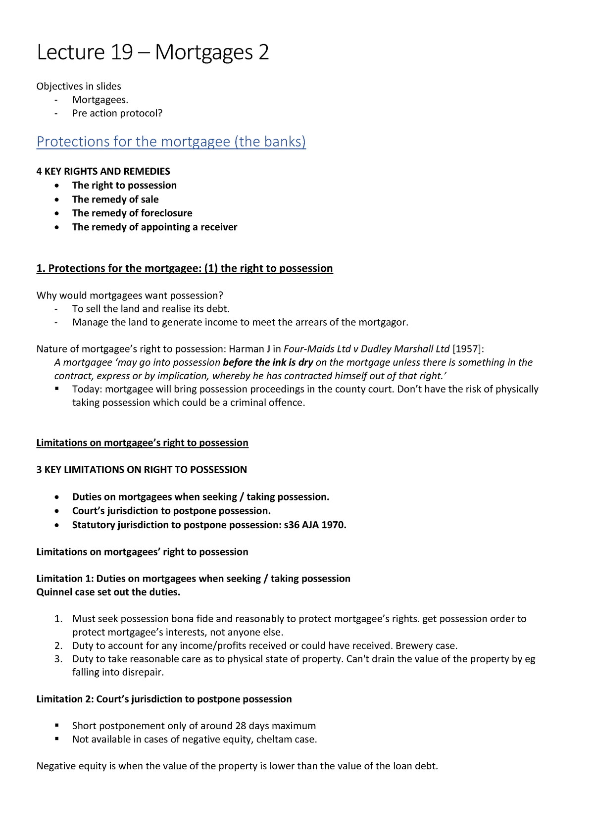Lecture 19 Land Law notes are Mortgages - Lecture 19 Mortgages 2 ...