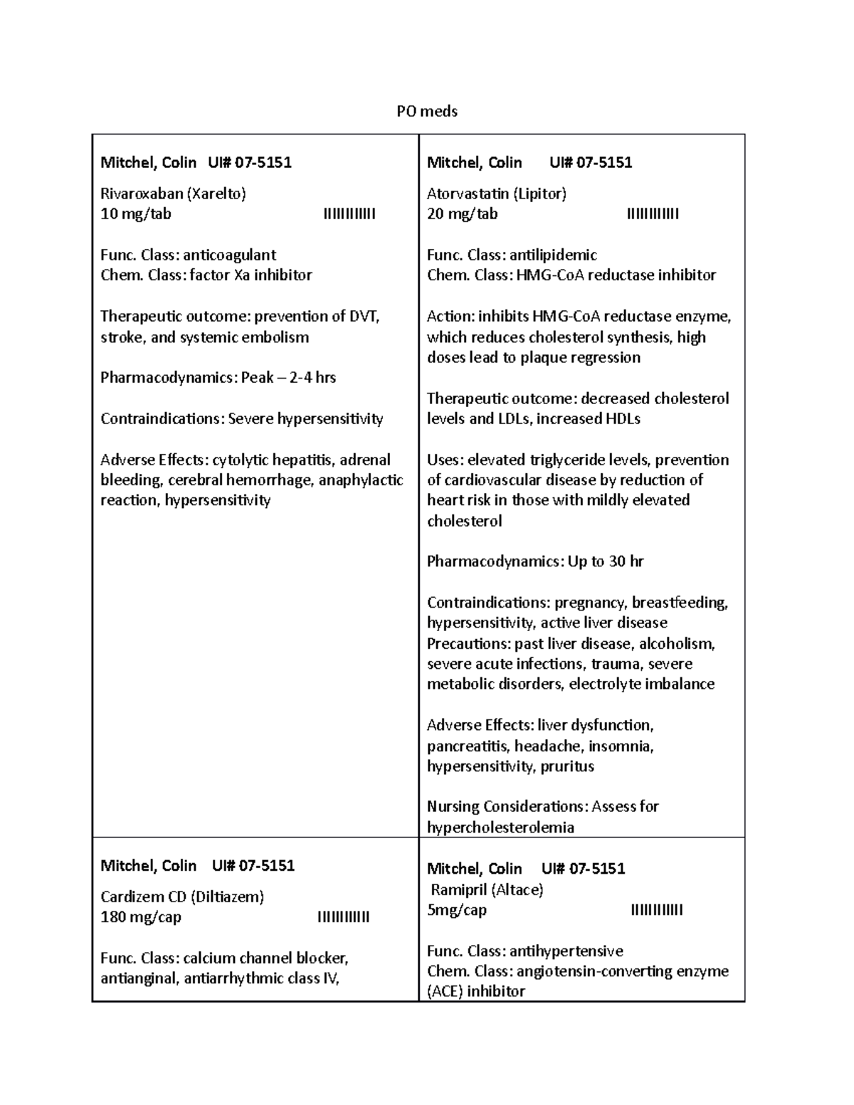 PO meds meds PO meds Mitchel, Colin UI 07 Rivaroxaban (Xarelto