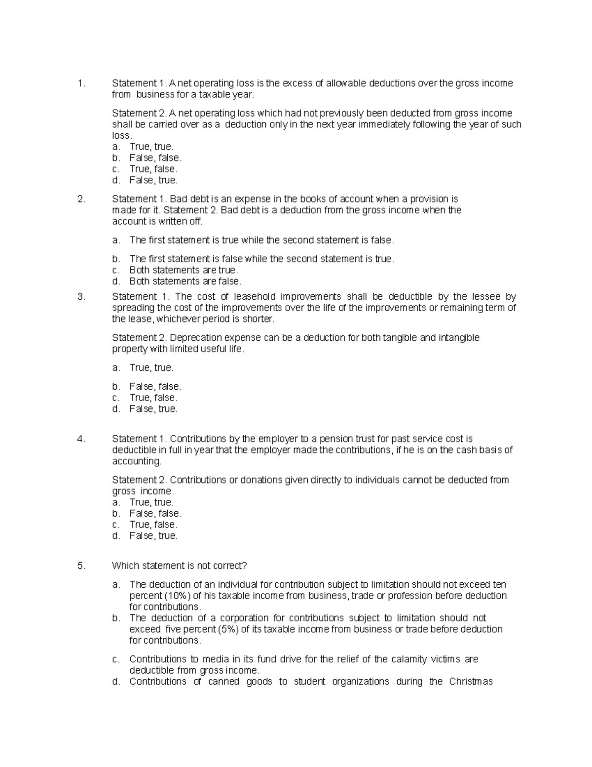 Taxation Reviewer 6 - Statement 1. A net operating loss is the excess ...